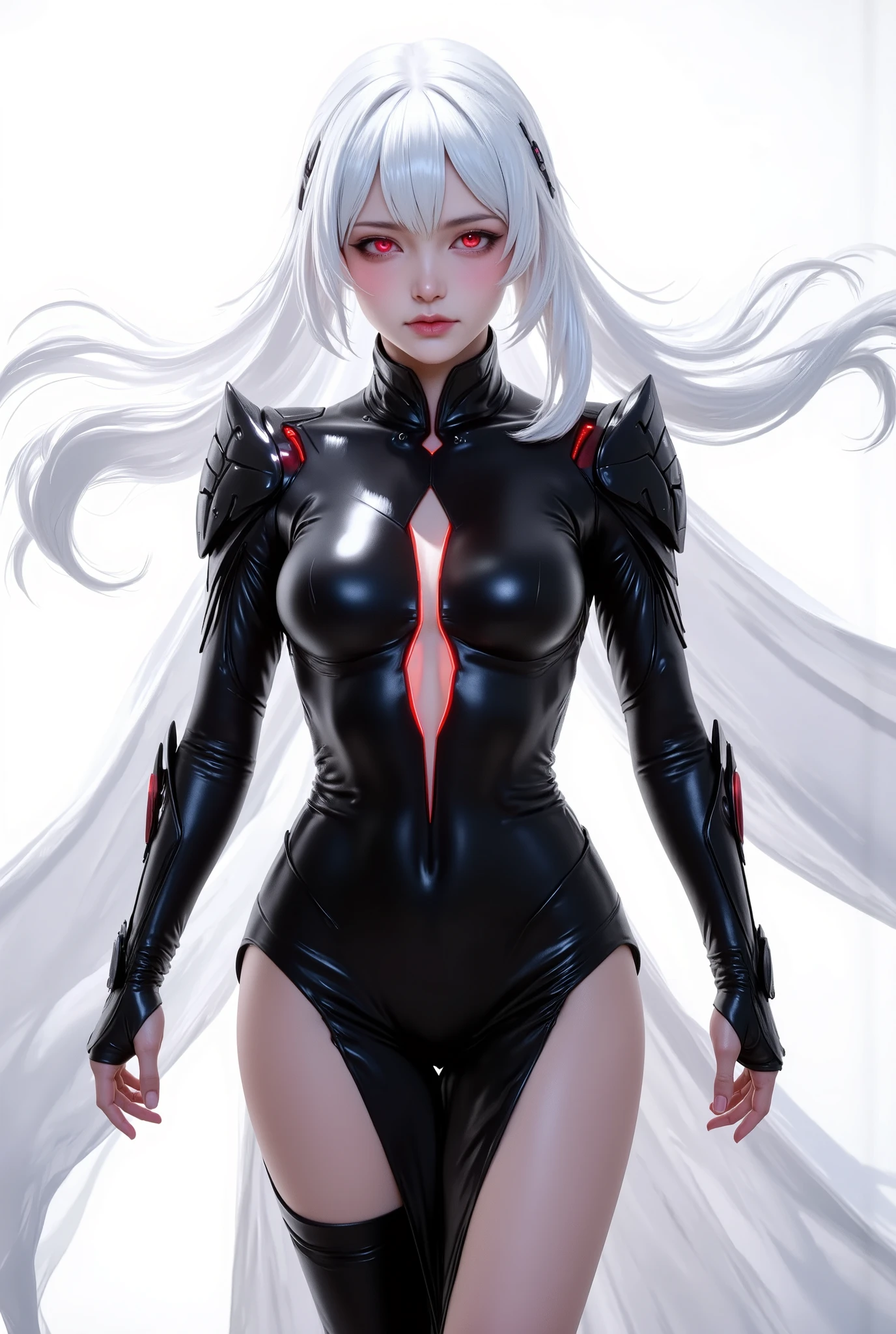 Create an anime-style character with long white hair and red eyes. The character is wearing a sleek black full bodysuit and long black sleek slit skirt. Costume has dark red accents on the shoulders armor and red led on armor. The outfit has a modern design, featuring a high collar. The character has a confident stance, standing with hands relaxed, looking viewerThe background should be plain white to emphasize the character. the wind made her hair and flap of her skirt  flutter. Cool, cold emotion.