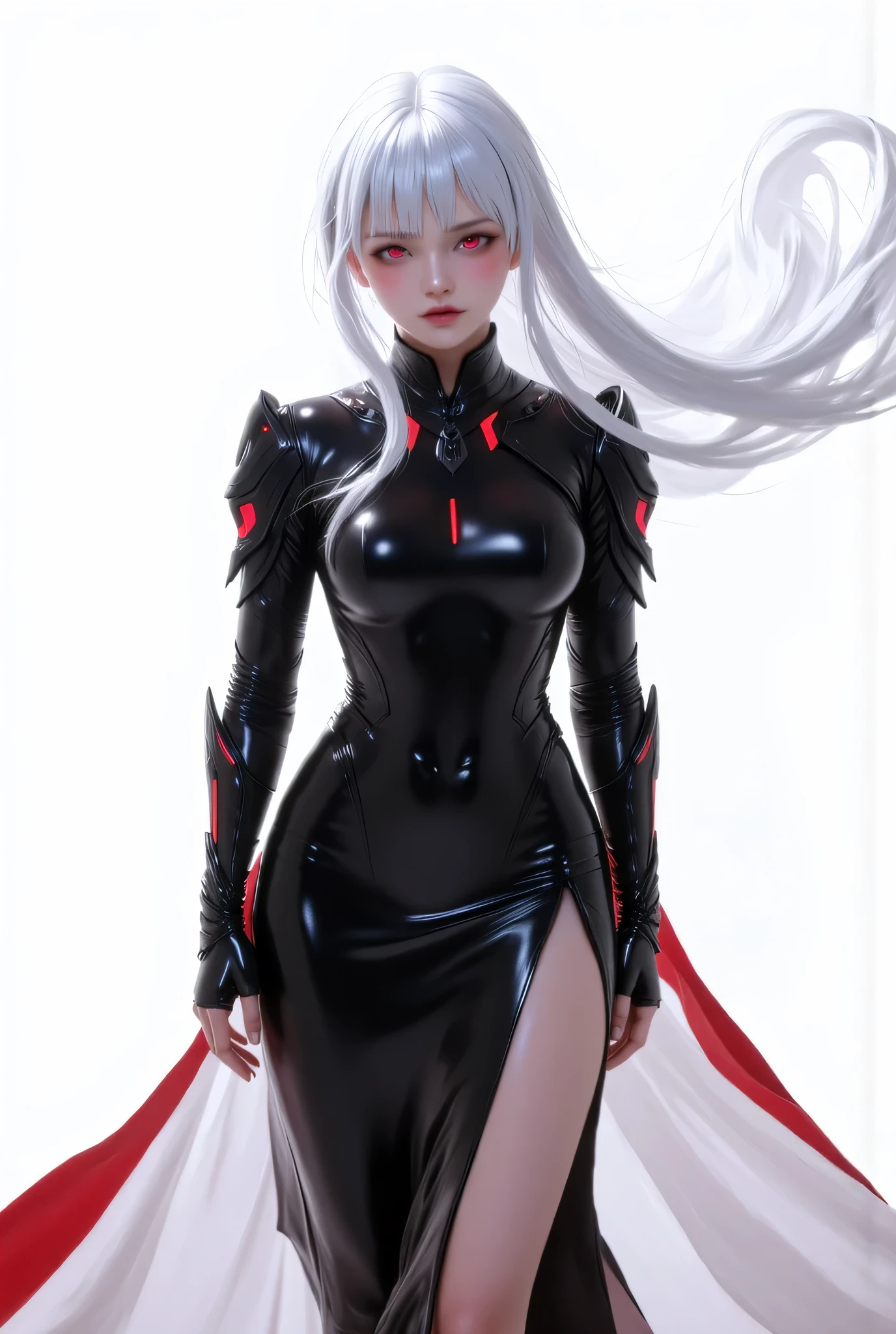 Create an anime-style character with long white hair and red eyes. The character is wearing a sleek black full bodysuit and long black sleek slit skirt. Costume has dark red accents on the shoulders armor and red led on armor. The outfit has a modern design, featuring a high collar. The character has a confident stance, standing with hands relaxed, looking viewerThe background should be plain white to emphasize the character. the wind made her hair and flap of her skirt flutter. Cool, cold emotion.