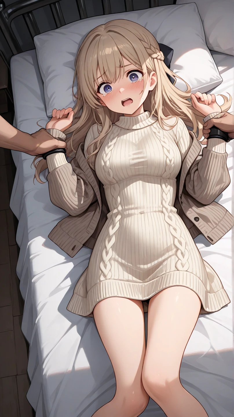 Genshin impact girl, lie in bed, gagged, tied tightly with big ropes