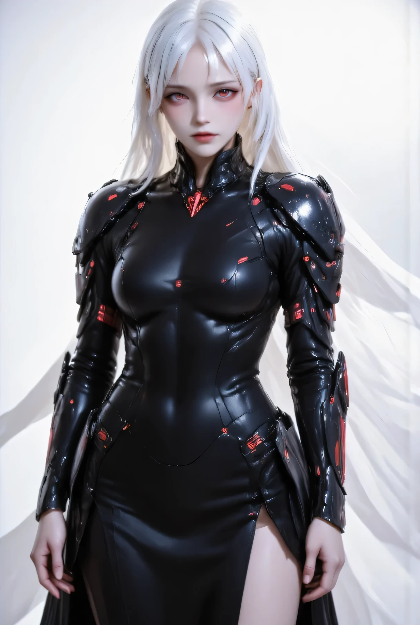 Create an anime-style character with long white hair and red eyes. The character is wearing a sleek black full bodysuit and long black sleek slit skirt. Costume has dark red accents on the shoulders armor and red led on armor. The outfit has a modern design, featuring a high collar. The character has a confident stance, standing with hands relaxed, looking viewerThe background should be plain white to emphasize the character. the wind made her hair and flap of her skirt flutter. Cool, cold emotion.