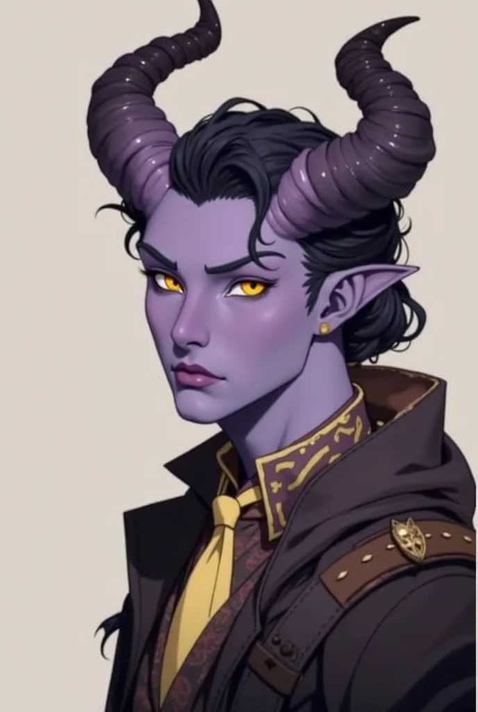 (((Beautiful, high quality, a lot of details))), portrait, check_9, check_8_up, check_7_up, tiefling, pointed ears, horns like a goat, colored sclera, 1 boy, dark gray skin, black hair, golden eyes eyes, frowning look, serious face, modern clothes,