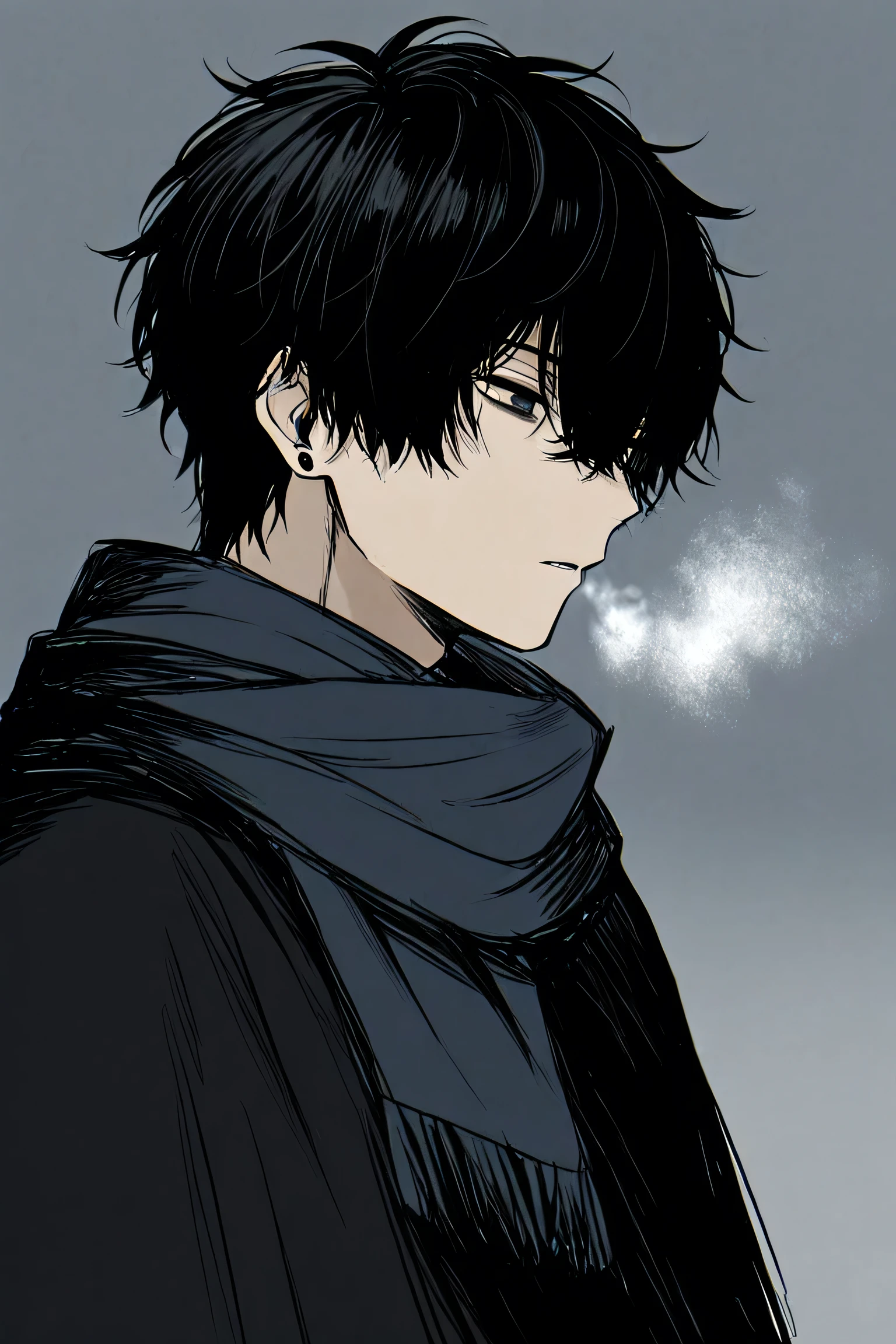 A young man with messy black hair and piercing, melancholic eyes, exuding an air of quiet intensity. His dark cloak and scarf, combined with the cold, muted background, give him a mysterious and almost otherworldly presence.
