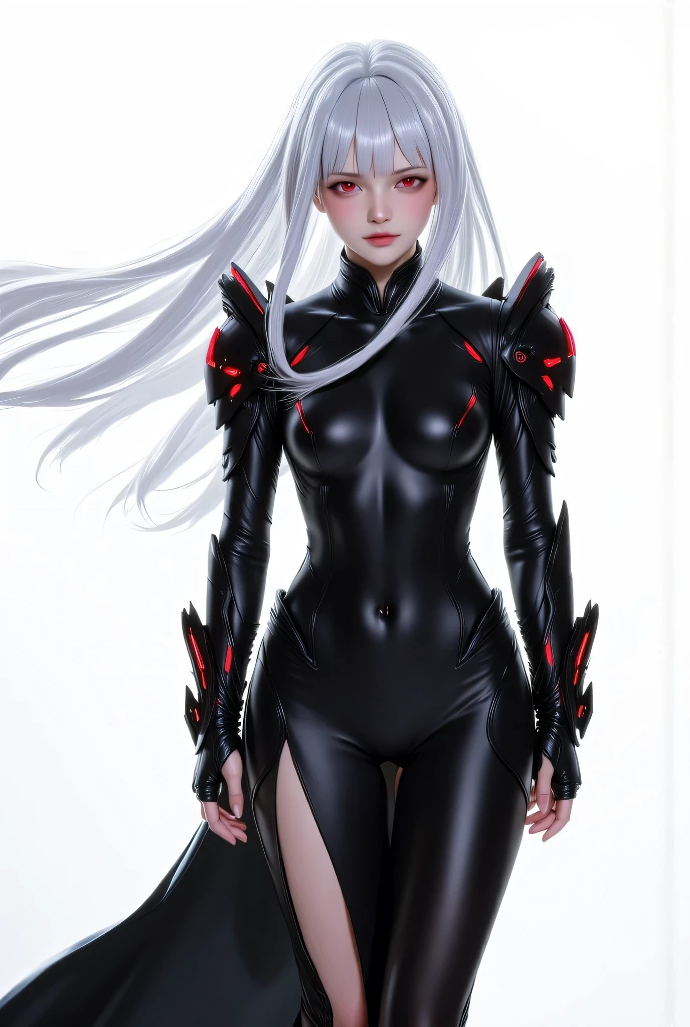 Create an anime-style character with long white hair and red eyes. The character is wearing a sleek black full bodysuit and long black sleek slit skirt. Costume has dark red accents on the shoulders armor and red led on armor. The outfit has a modern design, featuring a high collar. The character has a confident stance, standing with hands relaxed, looking viewerThe background should be plain white to emphasize the character. the wind made her hair and flap of her skirt flutter. Cool, cold emotion.