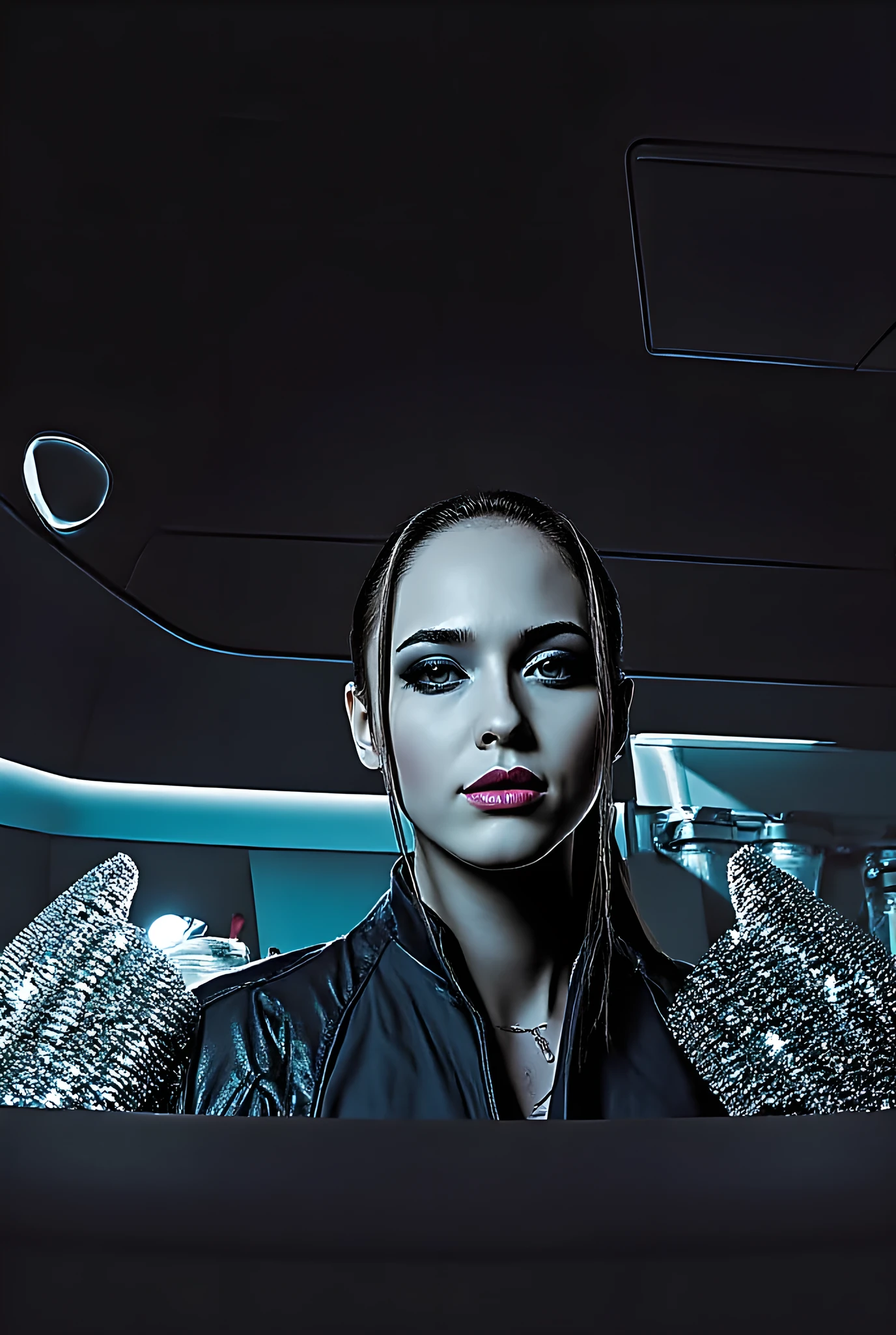 murderer, black leather jacket, dark face of a vampire, beautiful and feminine features