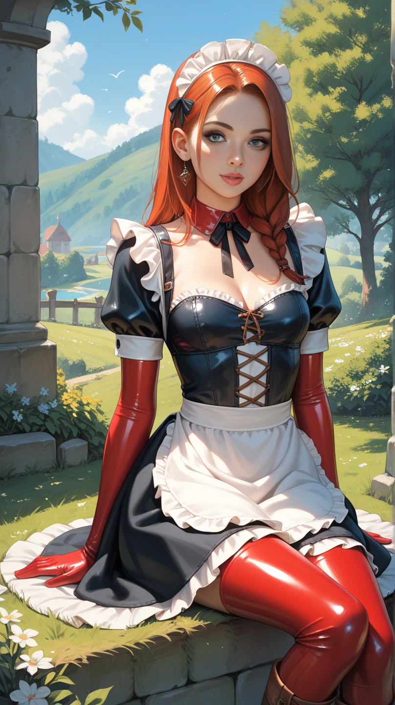 1girl, (Skyler Samuels:1.2), realistic, photorealistic, graphic novel, impossible clothes, freckled face. thick lips, full lips, big lips, (surprised:1.2), (shocked:1.2), [red hair, two-tone hair, shiny hair, sunbeam, god-rays, bursting breasts, ambient light, rim-light, rimlighting, backlighting, realistic, (photorealistic:1.1), (lineart:0.8) irndl, a woman in traditional bavarian dress Standing poses for a picture , german woman, wearing a dirndl, massive cleavage. frekled cleavage,
