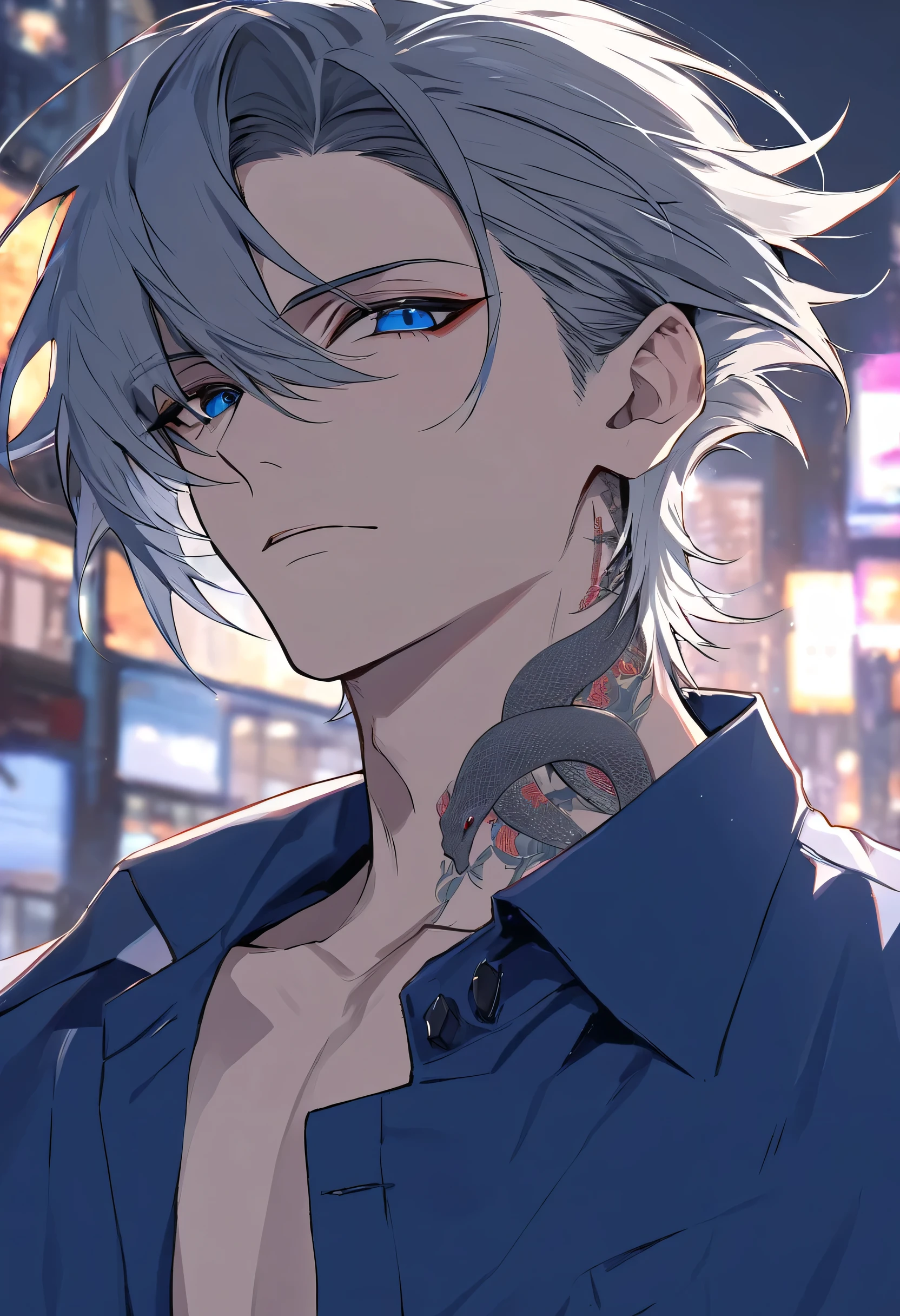 Male + gray hair + blue eyes + blue dress shirt (navy blue) + snake tattoo (on neck) + solo + city environment + face shot