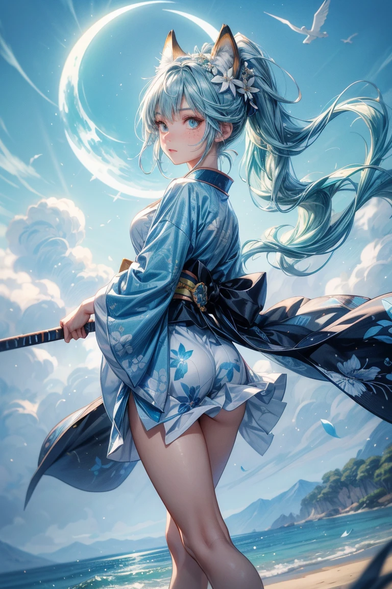 1girl, looking up at the sky, vast landscape, blue sky, outdoor, backview, flowers at her feet, wind blowing hair, reflection on water surface, anime style, detailed facial features, beautiful eyes, cute expression, serene, peaceful, dreamlike, vibrant colors, soft lighting, high quality, 8k, photorealistic, masterpiece, digital art,masterpiece,best quality,ultra detailed,high-resolution,8k portrait,unity 8k wallpaper,extremely detailed CG unity 8k wallpaper