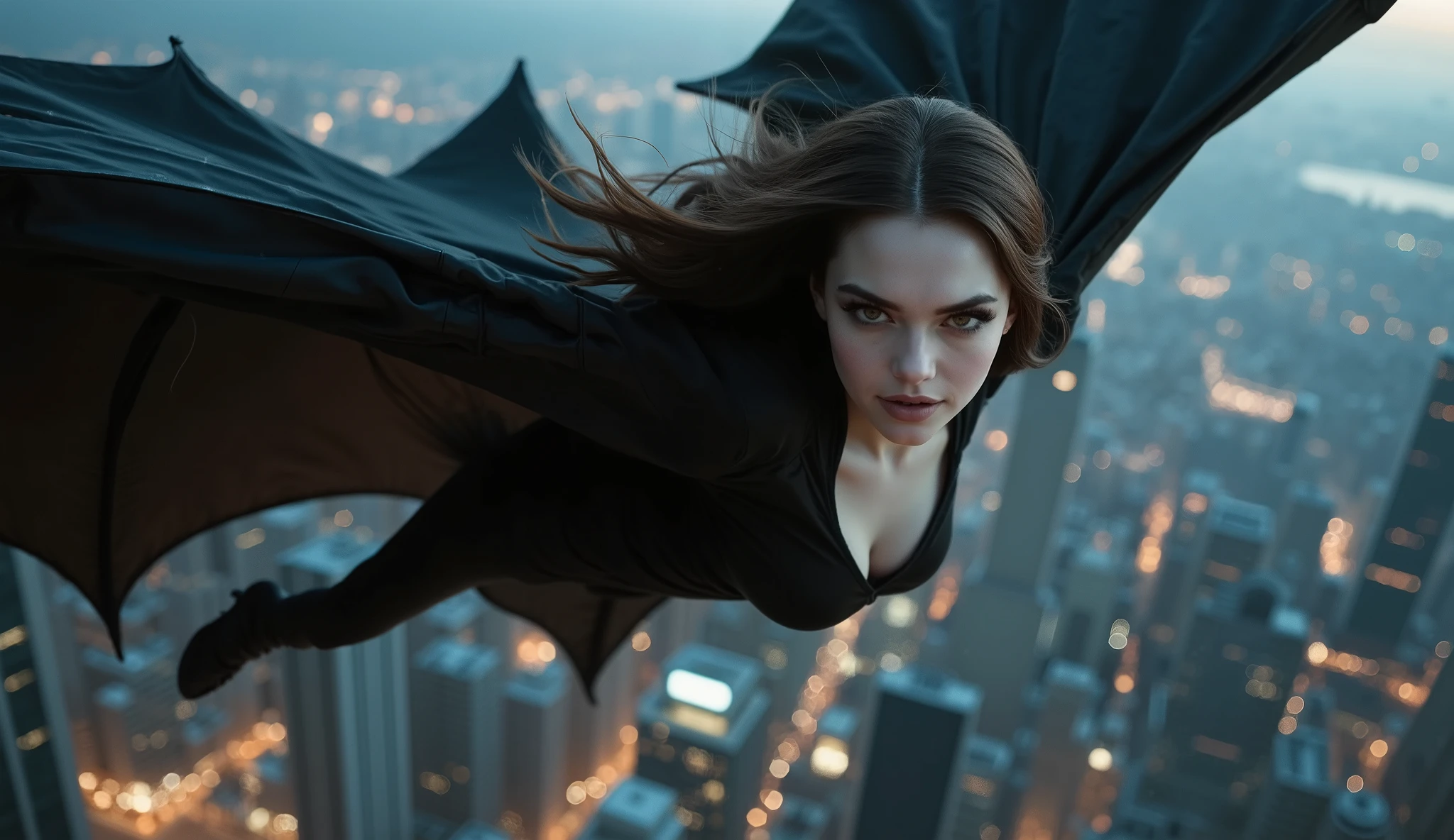 Side view, looking down, female is flying scene, The female Dracula, using her large black cape like a bird's wings, flies around the city of New York, looking for her prey, watching the ground as she flies through the sky over New York at night. She is female Dracula, name is Jessica, 30-age, (White English, brown long hair, beautiful brown eye, opened wide mouth) , big breasts, gorgeous Black one-piece dress,