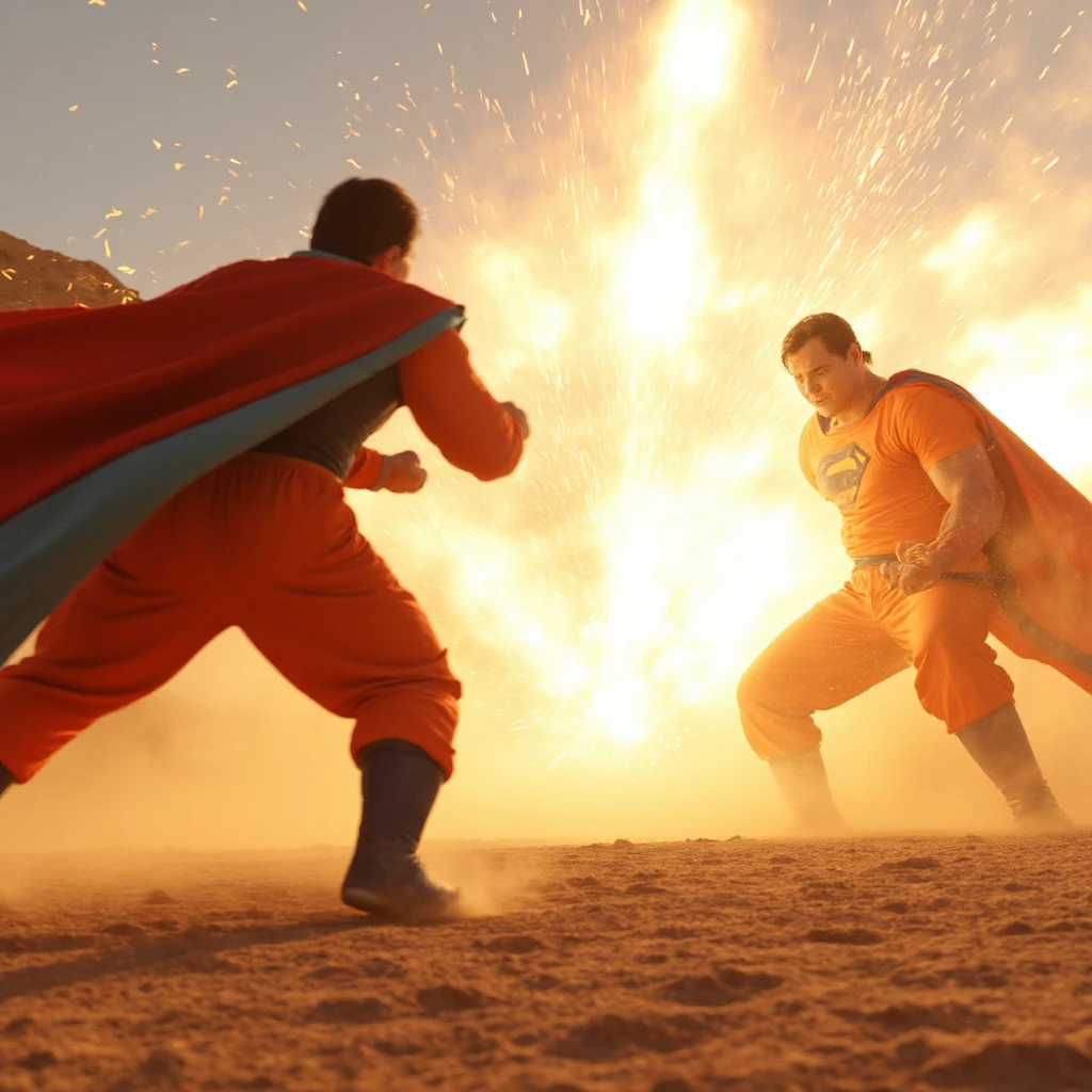 “Goku vs.. superman: The Ultimate Showdown” shows two legendary heroes in combat. In the scenario , a rocky desert at dawn, with dust and light wind. A narrator announces the clash of two extraordinary forces. Goku appears on the left, in the iconic orange kimono, enquanto superman desce à direita, facing him firmly.
In the first exchange of blows, Goku advances quick punches; superman bloqueia e reage, raising dust and shocking sounds. Tension grows when Goku becomes Super Saiyan, golden aura pulsating, e superman ativa a visão de calor, Grilled eyes. Sound effects intensify the mood, while the camera highlights dramatic angles and angles.
O ápice ocorre quando Goku dispara um Kamehameha e superman rebate com visão de calor, generating a collision of energy. The explosion of light highlights the intensity of the struggle, that culminates in a final fight: Goku unleashes all his power in a devastating Kamehameha, e superman avança em velocidade supersônica, generating a blinding flash. At the end , both stand on their feet, exhausted , but with mutual respect.
The orchestral soundtrack magnifies the scenes, with strong beats and resounding effects. The atmosphere of challenge and reverence dominates the duel, marked by detailed animation, Slow motion and confident narration, reinforcing the heroic tone. O resultado é um curta-metragem animado repleto de ação e honra no confronto entre Goku e superman