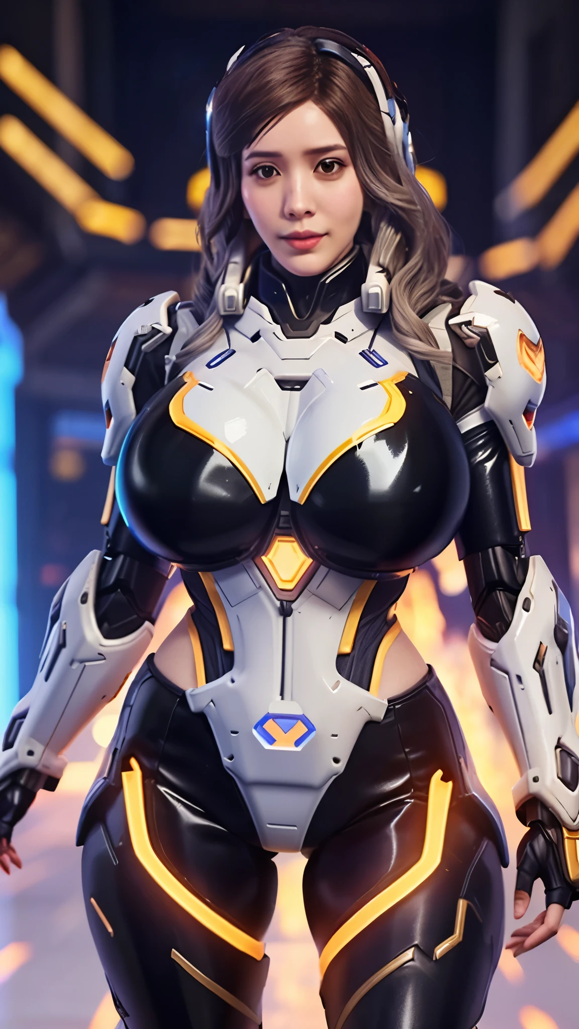 (masterpiece), best quality, expressive eyes, perfect face, beautiful details face, beautiful round eyes, full body, A beautiful mature woman in cyber armour suit shows her Extremely busty and attractive breasts, (arrogant face), (silver purple hair), (bob cut, streaked hair, expressive hair, shiny hair, glowing hair, multicolored hair, gradient hair, colored inner hair, straight hair, very short hair), fair skin, (beautiful detailed full bodysuit:1.3), (full body cyber armour), glowing and shining armour, silver and blue cyber armour, (cybernetic wings:1.2, Gigantic  mechanical wing:1.2), (Edge lights:1.3), (silver and orange colour scheme:1.3), neon light on armor, beautiful details eyes, (light green eyes:1.3), (glowing eyes:1.2), (Gigantic saggy breasts:1.3), tight breasts, thick body, (well accentuated curves), pink lips, (silver nails), mascara, Long eyelashes, eyeliners, (Extremely wide well defined hips:1.3), (beautiful massive thick thighs:1.3), slender figure, (Extremely detailed skin texture:1.2), beautiful detailed realistic muscle definition, golden lights that shimmer, high detailed eyes, ultra-high quality model, proportionate, intense colouration fantasy, (background fantasy cyber city), pink and gold tetradic colours, earrings, (1girl), solo, cowboy shot, shine, glowing