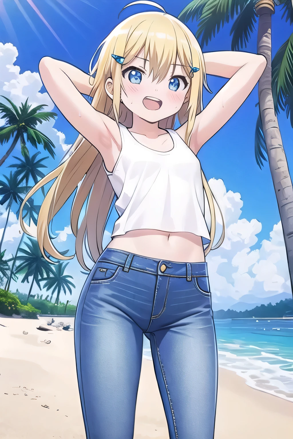 girl,(masterpiece,Highest quality),Street,(Brown Skin),(Southeast Asian),(Completely naked),Bare shoulders、hat、Gal,Brown eyes、Blonde、smile、passionate、hat、Swimwear,long hair、(Underboob),Cleavage,Micro Camisole、looking at the camera、shoes、Micro Mini Denim Shorts,solo、Are standing、barefoot,Swimwear,