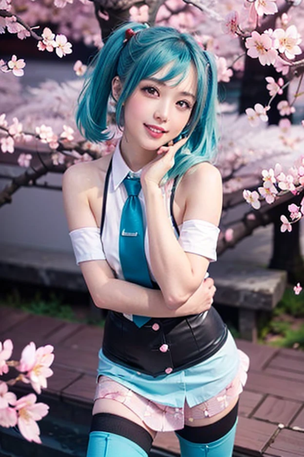 <lora:miku_bunny:1>, bunny_leotard, hatsune miku, best quality, masterpiece, illustration, realistic, photo-realistic, amazing, finely detail, incredibly absurdres, huge filesize, ultra-detailed, highres, extremely detailed CG unity 8k wallpaper, nsfw, A beautiful young woman with Korean-style facial features resembling a popular actress, with long blue twintails, wearing a white playboy bunny costume with white sailor collar and short blue necktie, white wrist cuffs, and blue highleg leotard top with low-cut fur-trimmed sweetheart neckline ending above midriff, sheer white pantyhose, standing outdoors surrounded by a profusion of falling cherry blossom petals, realistic style.