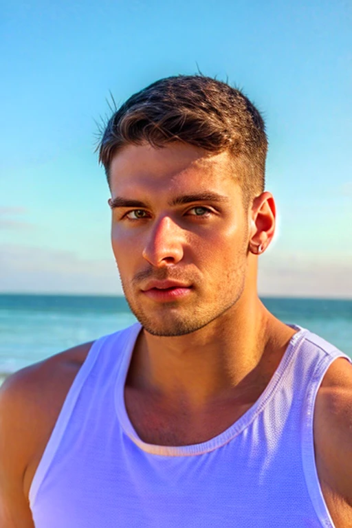 A handsome 18 year young young man, shirtless, wearing blue tanga, stehend am Sandstrand, 2 attractive men present, sunshine, warm weather, everyone is laughing, detailed facial features, high quality, hyper realistic, cinematic lighting, vibrant colors, masterpiece