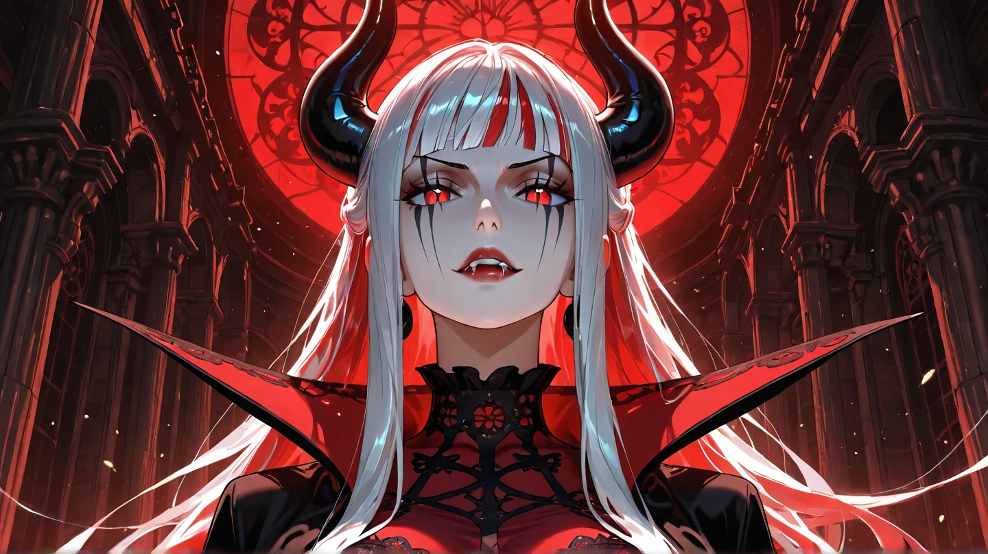 High quality, HD, long white hair, sharp red eyes color, tongue, pierced, tattoo, female devil, devil girl, one person, single person, 2:3,