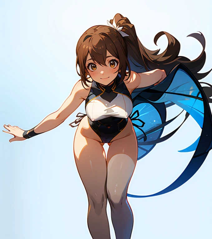 ((Masterpiece)), best quality, absurderes, ultra detailed, holographic, 18 years old,cowboy shot, dynamic pose, golden ratio, super cute girl, mature girl, extremely beautiful, triple D cup breasts, full body shot, looking down at viewer, full body, head to toe,, super beautiful asian girl with super beautiful brown shiny eyes, super and sexy body, horny, seductive ,big round buttocks, large breasts, triple D cup breasts, detailed nipples, super beautiful legs, super beautiful brown multicolored short hair, high ponytail, shiny and super beautiful skin, nice and sexy body, slim and delicate body, perfect body, wearing cheerleader style outfit, kicking one leg high, showing her panties, hot panties, fox hairband, being photographed with solid white background,