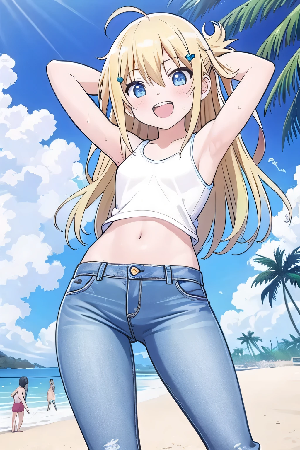 masterpiece,best quality,ultra detail, ((Perfect Face, Perfect Arms, Perfect hands, Perfect Fingers)), 1girl, , petite, ((round face, ecstasy, orgasm face, drooping eyes, shame smiling, blush)), dropping eyes, sleepy, Open mouth, ((White teeth)), background((under the beach, (day:1.2), palm tree, bright sky)), miku hatsune, ahoge, aqua eyes, (blonde hair:1.4), crossed bangs, hair between eyes, hair ornament, (long hair:1.4), (messy hair:1.7), ((arms behind head, hands behind head, fingers behind head)), ((contrapposto)), spread armpits, looking at viewer,, (white tank top:1.2), (white crop top:1.2), (jeans pants:1.2, flares jeans:1.2, skinny jeans:1.2, blue jeans:1.2), standing, (legs spread:1.4), sex pose, Sweaty crotch, Steam from the crotch, from below, whole body