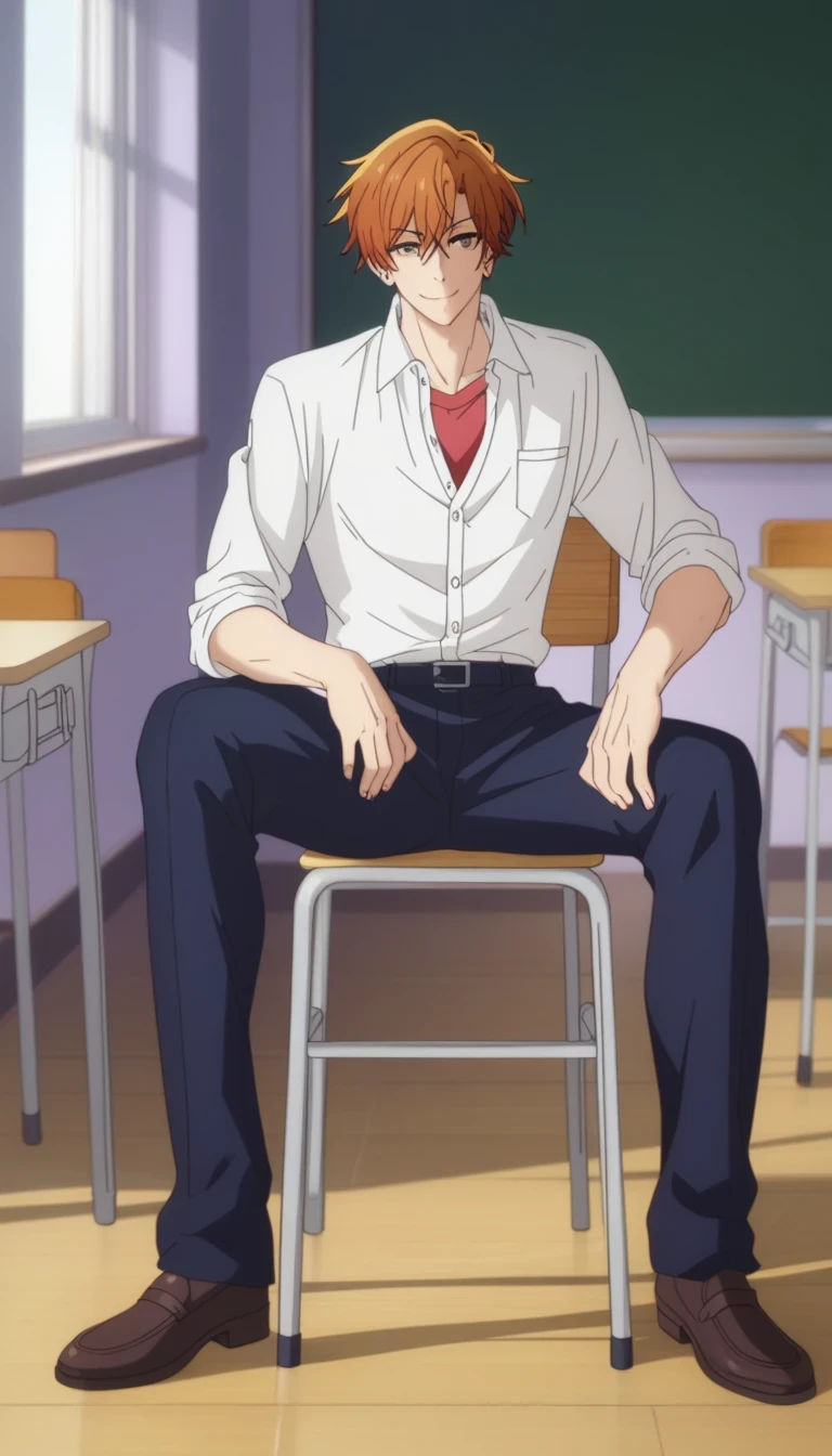Male, un hombre, cabello corto, cabello color naranja ojos café , pantalones escolares azul marino, white school dRess shiRt, ARRogant smile, postura en cuclillas, pose en cuclillas, in a classRoom, Sitting on the flooR of the classRoom, Sasaki shummei anime