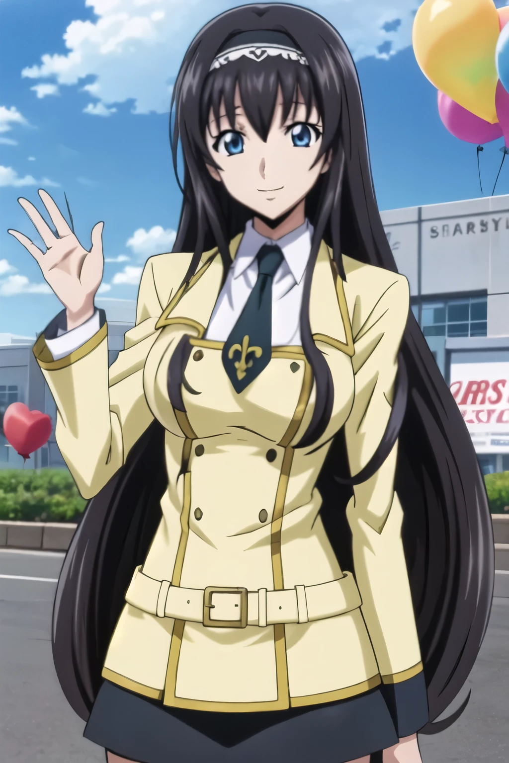 1 girl, beautiful eyes, black hair, long hair, hair band, smile, waving, school uniform, festival, surrounded by a large number of students, many balloons, blue sky, skirt, black socks, (Anime style, masterpiece, best quality , High Resolution , anime color , Anime style, sharp, 8k, realistic), beautiful eyes, digital animation art!!, anime style, Official Artwork , visual novel CG,