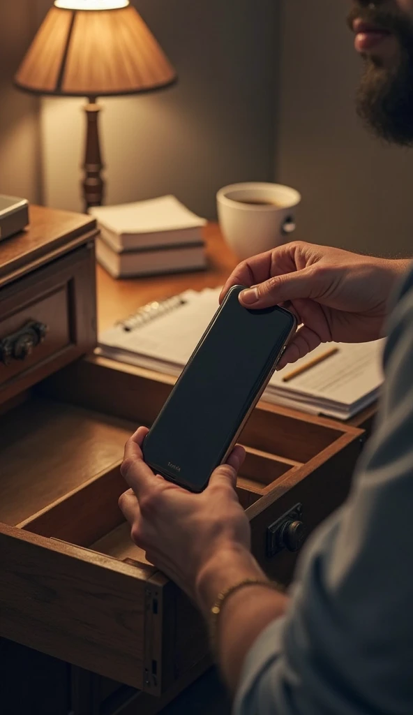 A person throwing a cell phone into a drawer and closing it with determination. In the background, A table with books, a goal plan and a cup of coffee. ultra realistic style , warm lighting and sense of decision