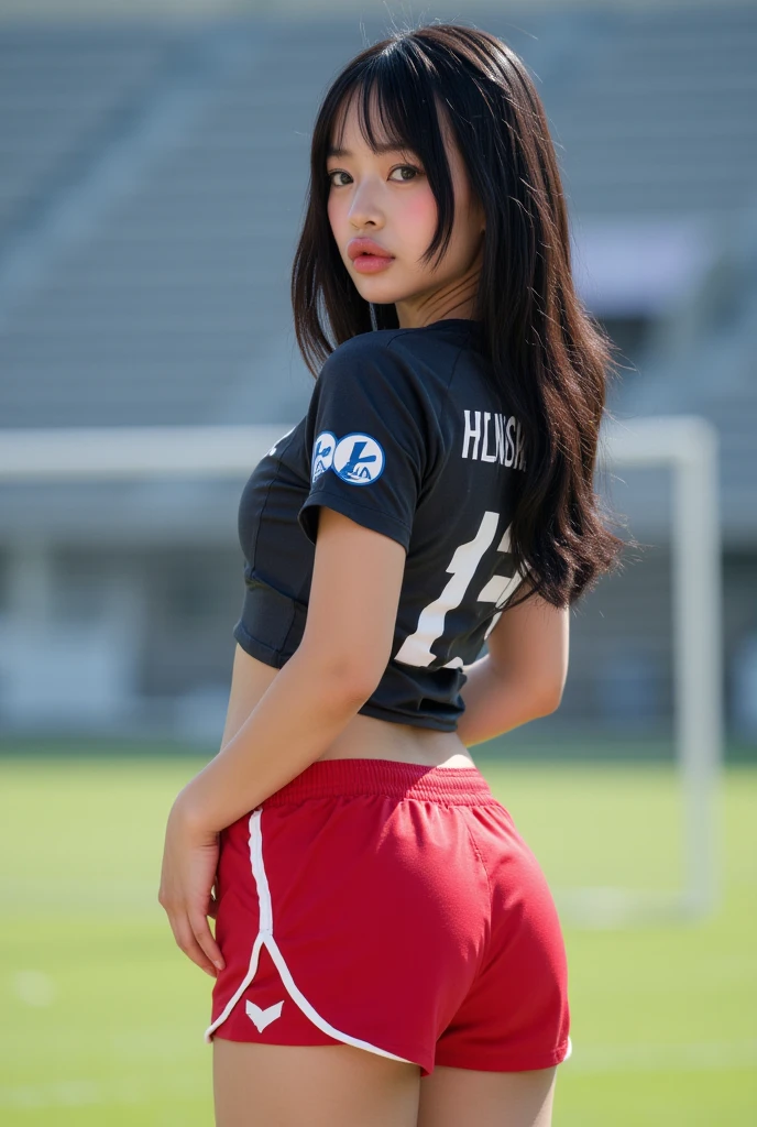(8K, Raw photo, Best Quality, masutepiece:1.2), (Realistic, Photorealsitic:1.37),1 girl,Beautiful,Powerful, (Solo),A detailed face, Dramatic Angle,
Football/Soccer Uniforms ,Sports, Look away,Sporty,Wet skin,Sweat,Large breasts,nice legs,Football Venues,