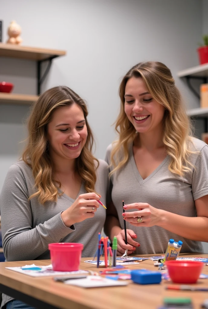Develop a realistic photo of two red-haired women painting their gorgeous nails red, where the makes are and featured in the photo