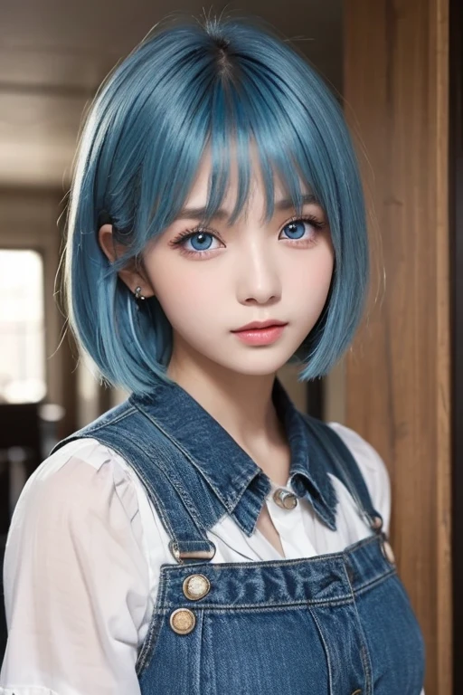 ((masterpiece))、Large Breasts、Only a large white T-shirt、((Light blue hair))、Blushing, Earrings, Highest quality, Glowing Skin、Fine skin、Teardrops、Underwear is showing through her shirt、20-year-old half-model beautiful woman、