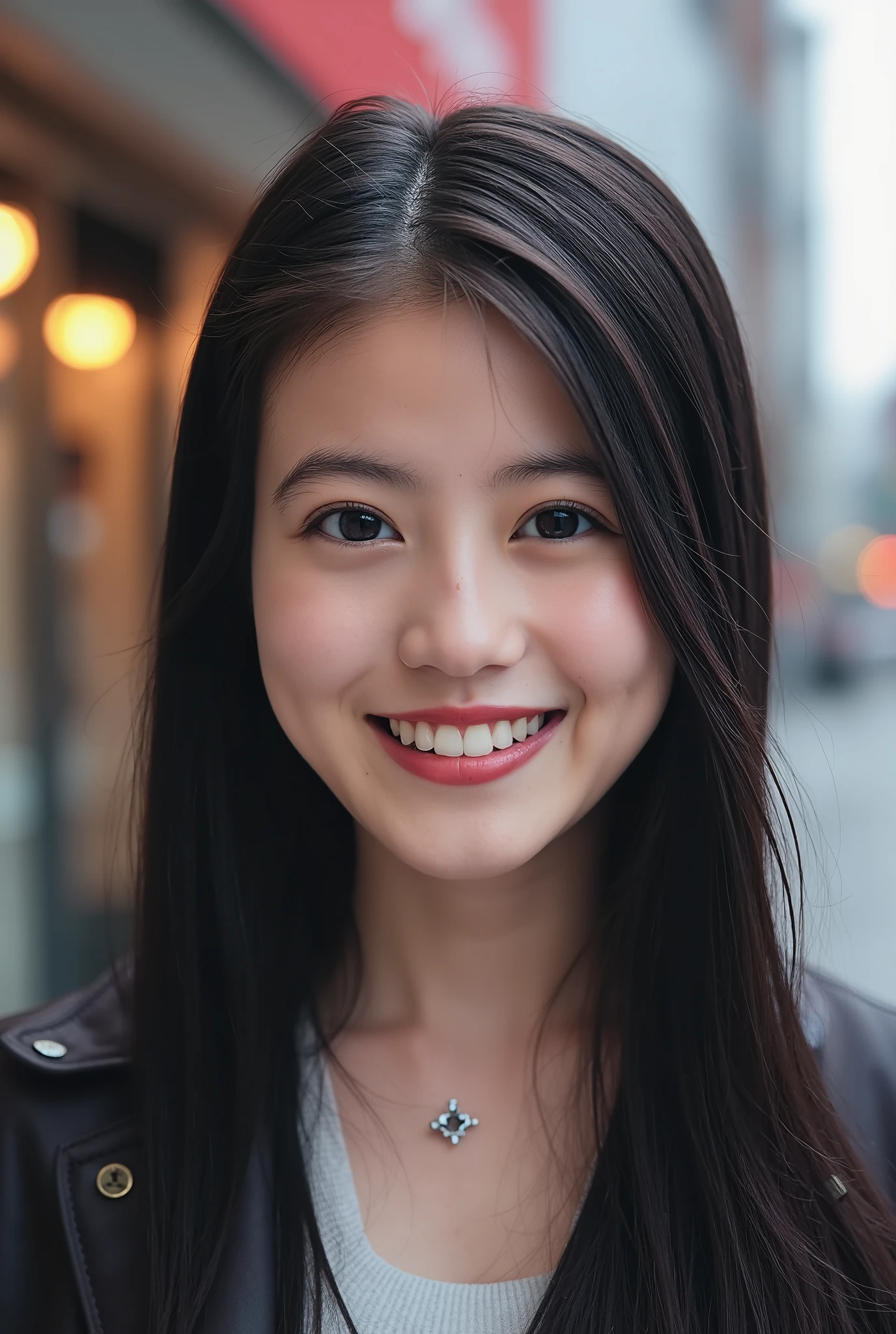 Beautiful young woman 、 Chinese women、 black hair、Hairstyle Semi Long、、Necklace around the neck、、leather jacket、shirt、 Smile with Closed Mouth 、 Beautiful teeth alignment、Highlight teeth、 Looking into the camera,The background is the town、Ear piercing