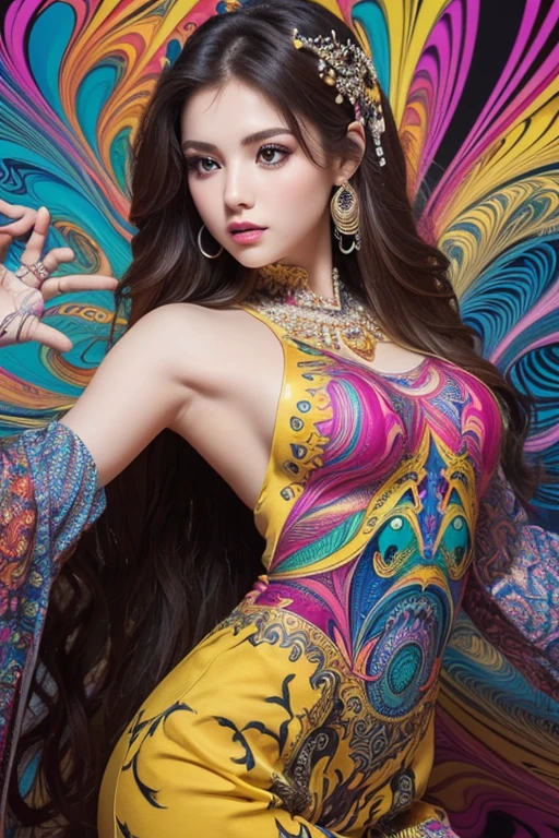 (masterpiece, top quality, best quality, official art, beautiful and aesthetic:1.2), (1girl:1.3), extremely detailed,(fractal art:1.1),(colorful:1.1),highest detailed,(zentangle:1.2), (dynamic pose), (abstract background:1.5), (japanese dress:1.2), (shiny skin), (many colors:1.4), ,(earrings:1.4), completely naked open legs open clitoris open gentle
