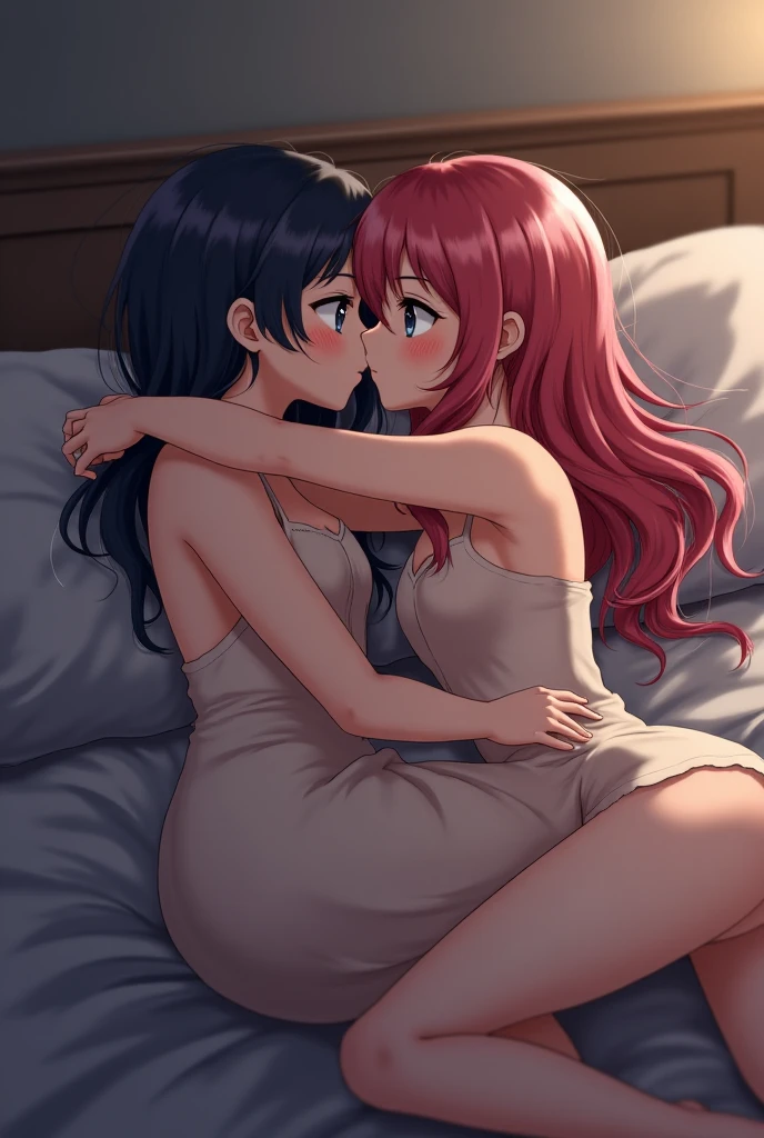 masterpiece, best quality, nsfw, 
2girl, kiss, 
white lingerie, red hair, embarrassed face, 
bedroom, night,