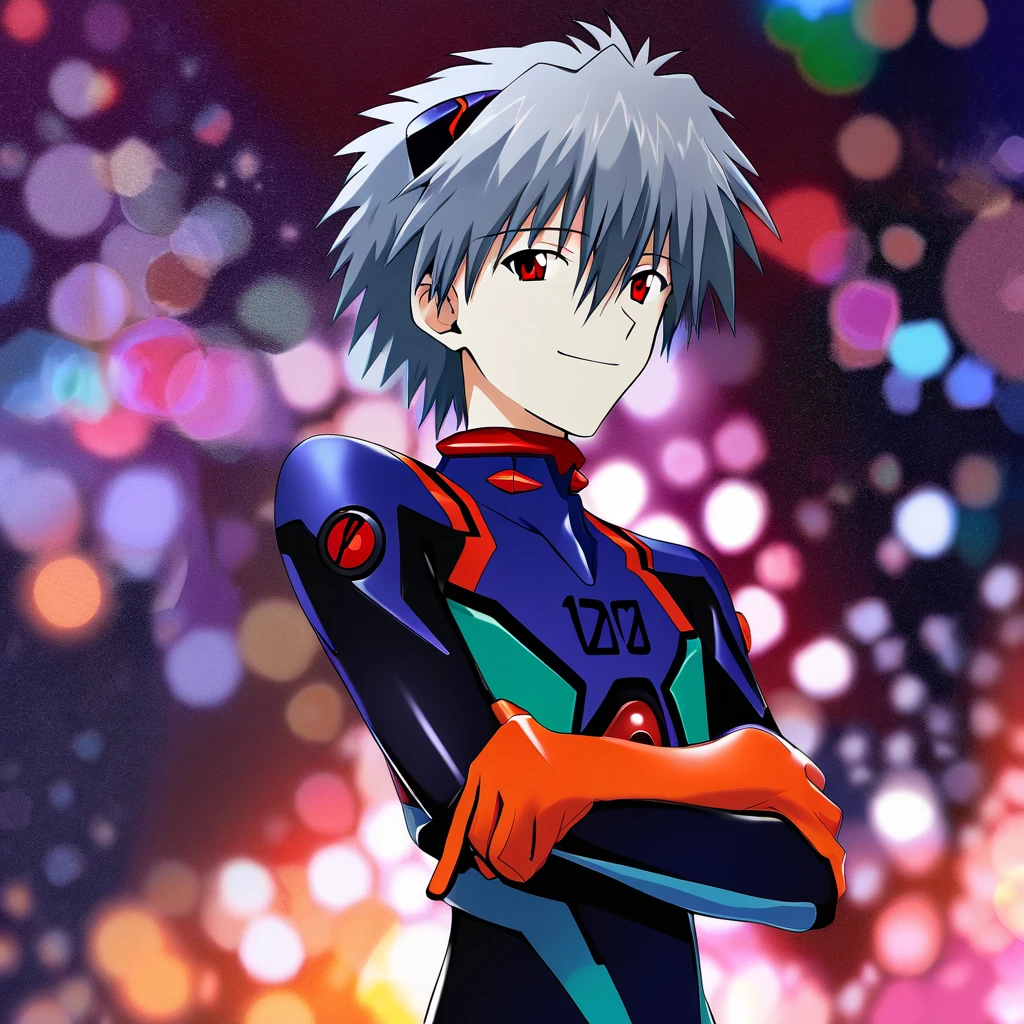nagisa kaworu, plugsuit, male focus, 1boy, red eyes, solo, smile, bodysuit, grey hair, interface headset, looking at viewer, ikari shinji, pilot suit, crossed arms, 