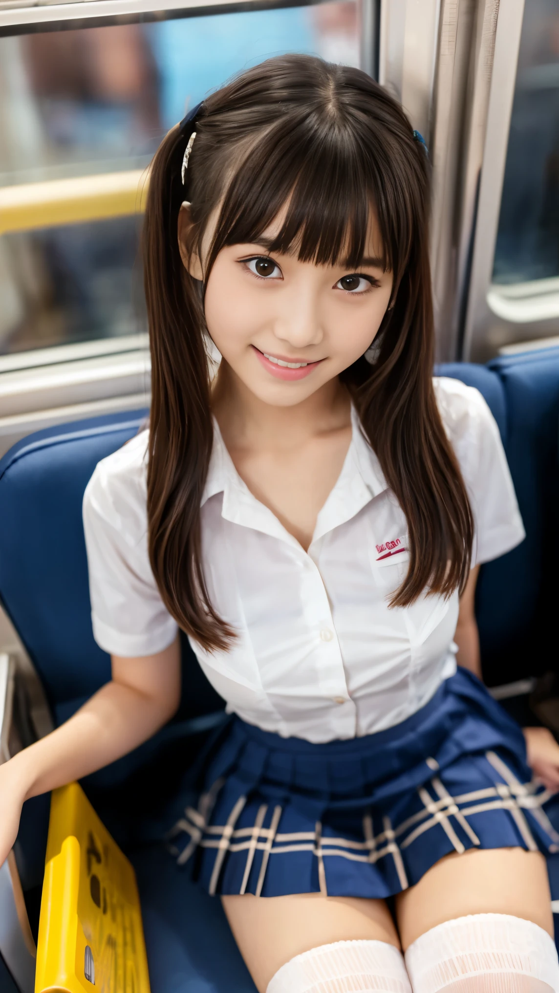 nsfw, photographrealistic, very short bowl cut, ((Blunt bangs)), masterpiece, 8k, best quality, ultra-high res, absurdres, (photo realistic:1.4)(((masterpiece))), (((best quality))), ((ultra-detailed)), (1 girl), (solo), , (Loose socks) (pureerosface_v1:0.4), (European :1.7), (Japanese :0.6), (, pretty girl:1.3), (loli:1)high nose, slim body, slender girl, (detailed middle bust), slim thighs, slim legs, small hip, school bag, ((school uniform)), , ((navy mini skirt)), ((white detailed pantie)) detailed clothes, squatting on train seat, open leg, pantie shot, detailed wet pantie, detailed wet hip, detailed wet legs, ((from above:1.3))), focus legs,
(wearing white shirt, plaid navy skirt), in the train, a gal, peeping white wet underwear, best quality, Realistic, ultra high res, photo realistic, Japanese
slim, smile, huge breasts, pussy line