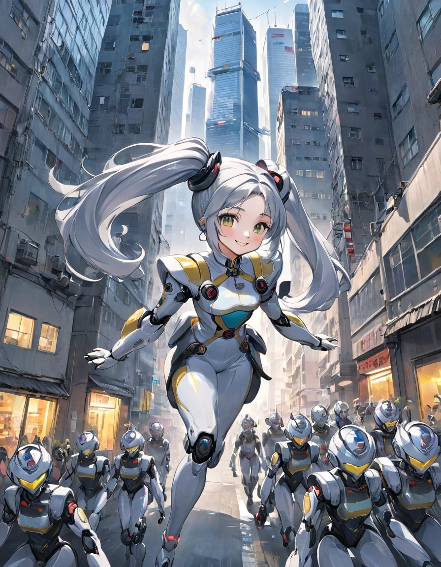 a cute girl robot surrounded by people, in the middle of a crowd, center of attention, people taking pictures  with their phones, <lora:centerofattention:1>, center of attention, perfect face, perfect body, perfect anatomy,