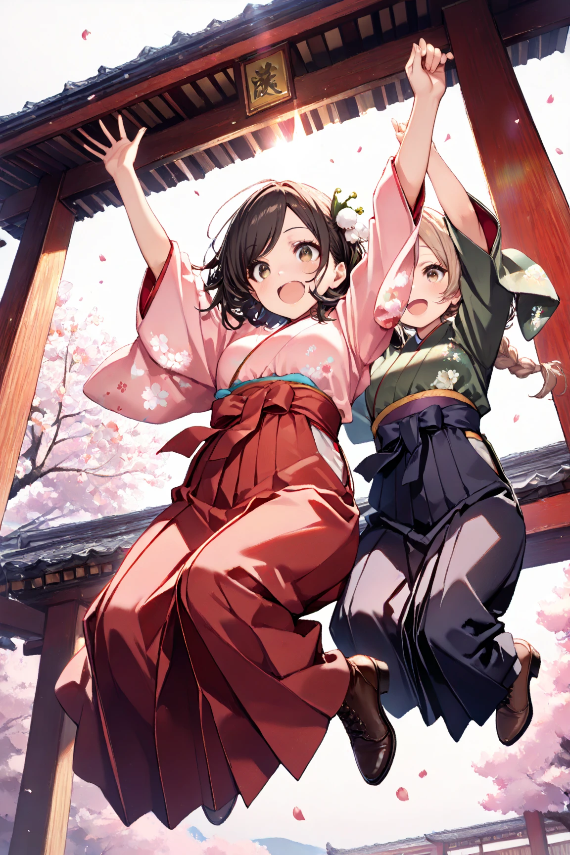 (masterpiece:1.2), (best quality:1.2), (very aesthetic:1.2), (absurdres:1.2), ultra-detailed,extremely detailed,beautiful,extremely detailed CG,ultra detailed background, 8k,16k,perfect hair, perfect fingers,
BREAK,
2 girls,beautiful,jumping,holding hands,
BREAK,
a girl wearing navy hakama,light pink furisode with cherry blossoms pattern,black hair, ,swept bangs,brown eyes,chignon,white Lily of the Valley hair ornament,arms up,black lace up heeled longboots,smiling,opening mouth,
BREAK,
another girl wearing red hakama,dark green furisode with white floral pattern,light brown hair,parted bangs,long braided hair,white peony hair ornament,brown eyes,arms up,dark brown lace up heeled longboots,smiling,opening mouth
BREAK,
white sky,traditional old blick building background,from below, backlighting,glittering, particles of light,cherry blossoms petals,cherry blossoms, depth of field,lens flare,pastel tone,spring atmosphere,