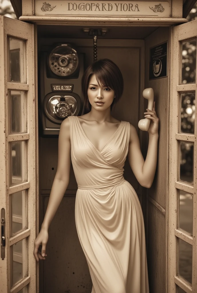 Woman 25 years old, looks like natalie wood, 32c breast, 5 feet 2 inches tall, full-length image in the center of the composition, ((chin length, auburn, wavy hair)), brown eyes, haughty, sexy, arrogant, (blue sundress) with short sleeves, facing straight at camera, blurred background, 8K UHD, dim lighting, hiquality, Film grain, Fujifilm XT3