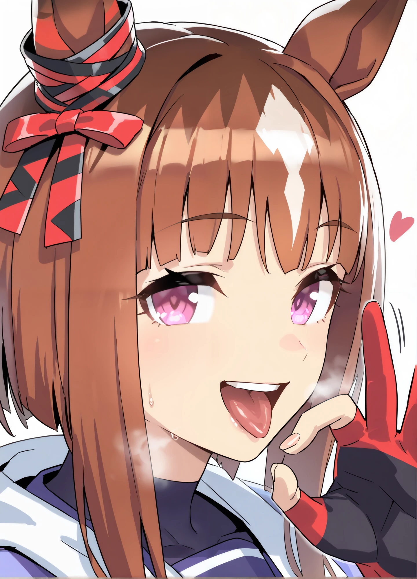 score 9, score 8 up, score 7 up, ultra-detailed, (best quality, masterpiece, ultra detailed, ultra high res, absurdres, high-resolution, highest quality, very aesthetic, textile shading), source anime, (detailed eyes), (detailed face), uncensored, nsfw, BREAK, 1girl, solo, (cuboon), (transcend /(umamusume/)), fellatio gesture, portrait, profile, tongue out, open mouth, heart, heavy breathing, naughty smile, looking at viewer, white background, simple background, motion lines,