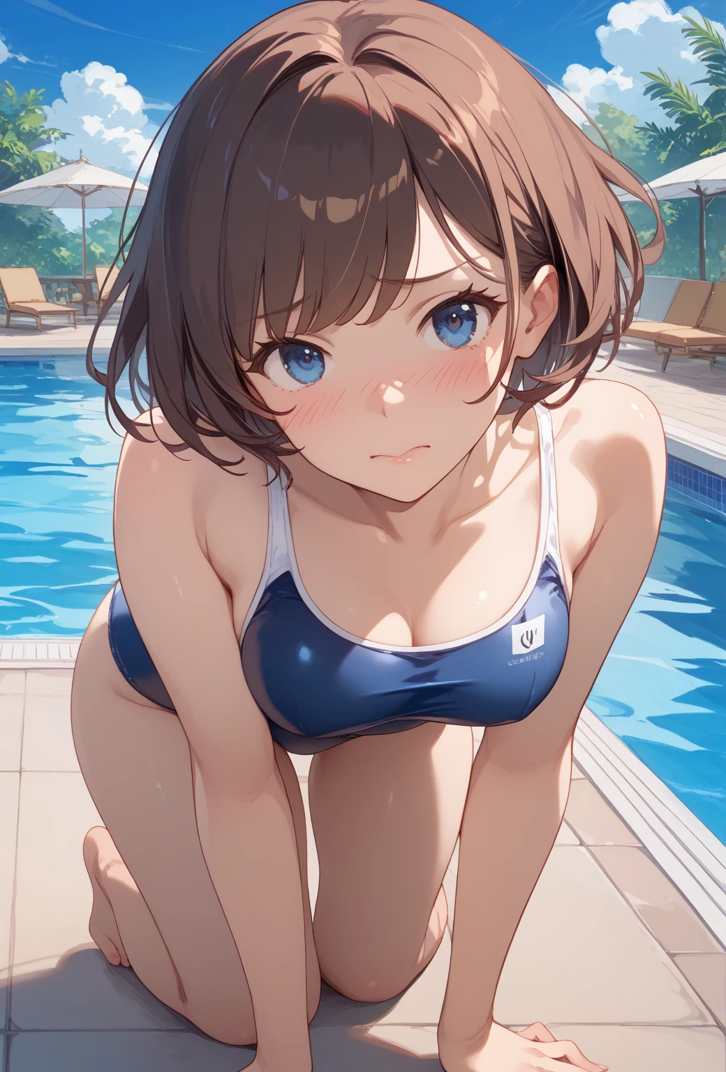 (best quality), ((masterpiece)), (highres), illustration, original, extremely detailed, yyds, 1girl, solo, watanabe you, breasts, blue eyes, swimsuit, cleavage, bikini, towel, looking at viewer, short hair, medium breasts, blush, blue bikini, wet, poolside, pool, bow, sparkle, wet hair, brown hair, water, blue bow, bikini skirt, collarbone, holding, grey hair, bangs