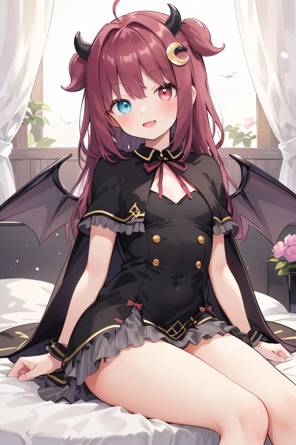masterpiece, Top Quality , Detailed Details,Cinema Light,cowboy shot standing in a natural position,Subdued red semi-long hair,(right eye is blue and left eye is red),(The right eye is blue and the left eye is red Odd Eye),((Your right and left eyes are different)), (((wearing a cute black dress with a short cape))),((yuzuki roa/Yumezuki Roa))),(The right eye is blue and the left eye is red),( detailed textured lighting) ,(((wearing a cute black dress with a short cape))),((Shiny Skin)),viewer detail surface lighting ), Calm red long hair,((Bat feathers growing on her back)),with 2 small horns growing on the head,crescent moon hair ornament on the head,perfect ratio,slim waist, slim body , beautiful body,middle size breasts,big eyes, view from below,(Mischievous expression,embarrassed face),(sitting),(plump camel toes),(spread your legs),((yuzuki roa/Yumezuki Roa))),The background is a cute bedroom , open your mouth and smile,wearing a cute black dress with a short cape, pink lace panties are visible,Your butt looks good,