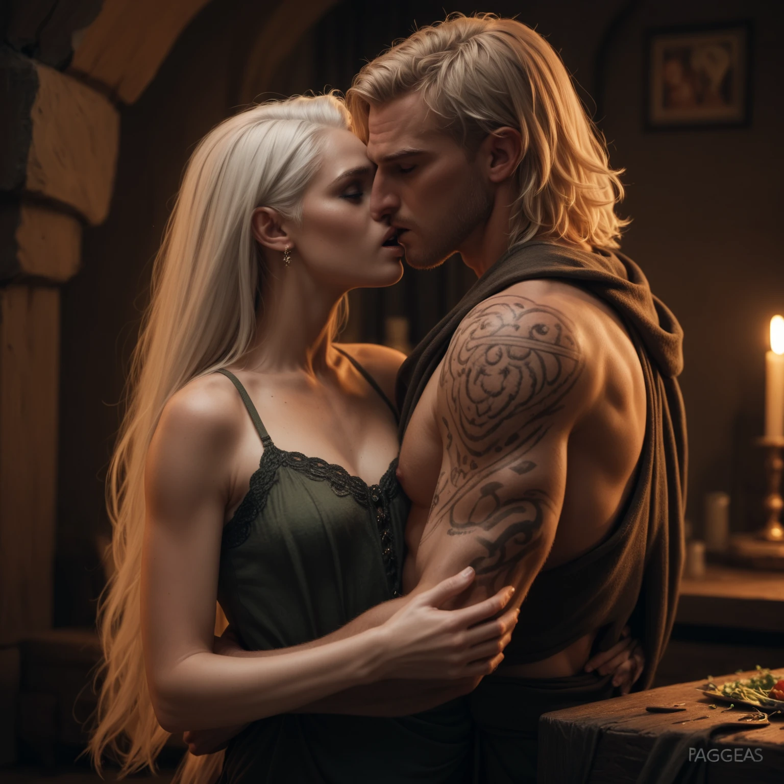 Long white haired succubus with a man sucking her breasts