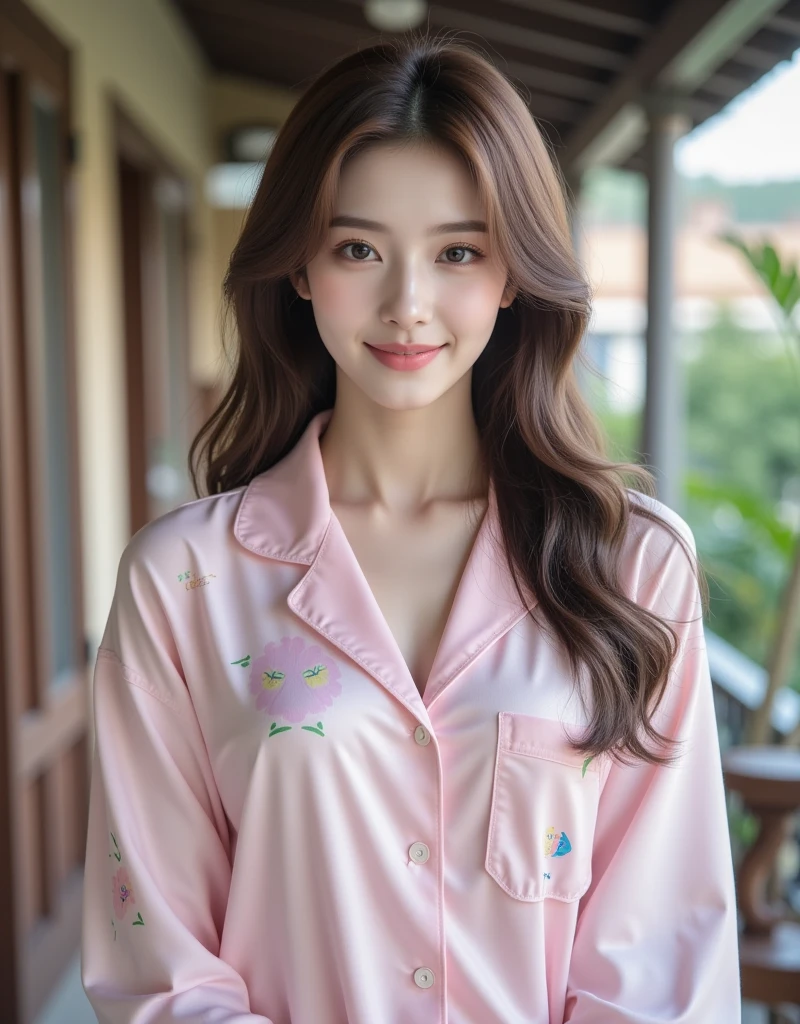realistic pictures (1 cute korean star) shoulder length hair, white skin, light makeup, chest measurement 32 inches, smile a little, wearing colorful pajamas, kneel by the bedside, close,  rococo style, chromatic aberration, 16k