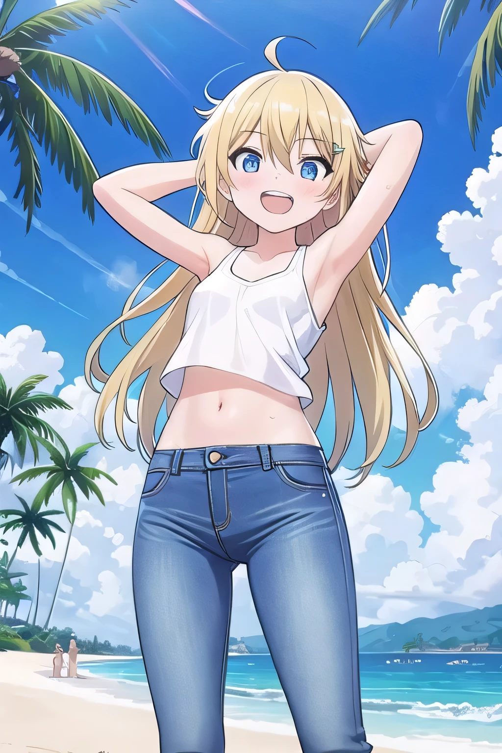 masterpiece,best quality,ultra detail, ((Perfect Face, Perfect Arms, Perfect hands, Perfect Fingers)), 1girl, 14yo, petite, ((round face, ecstasy, orgasm face, drooping eyes, shame smiling, blush)), dropping eyes, sleepy, Open mouth, ((White teeth)), background((under the beach, (day:1.2), palm tree, bright sky)), miku hatsune, ahoge, aqua eyes, (blonde hair:1.4), crossed bangs, hair between eyes, hair ornament, (long hair:1.4), (messy hair:1.7), ((arms behind head, hands behind head, fingers behind head)), ((contrapposto)), spread armpits, looking at viewer,, (white tank top:1.2), (white crop top:1.2), (jeans pants:1.2, flares jeans:1.2, skinny jeans:1.2, blue jeans:1.2), standing, (legs spread:1.4), sex pose, Sweaty crotch, Steam from the crotch, from below, whole body
