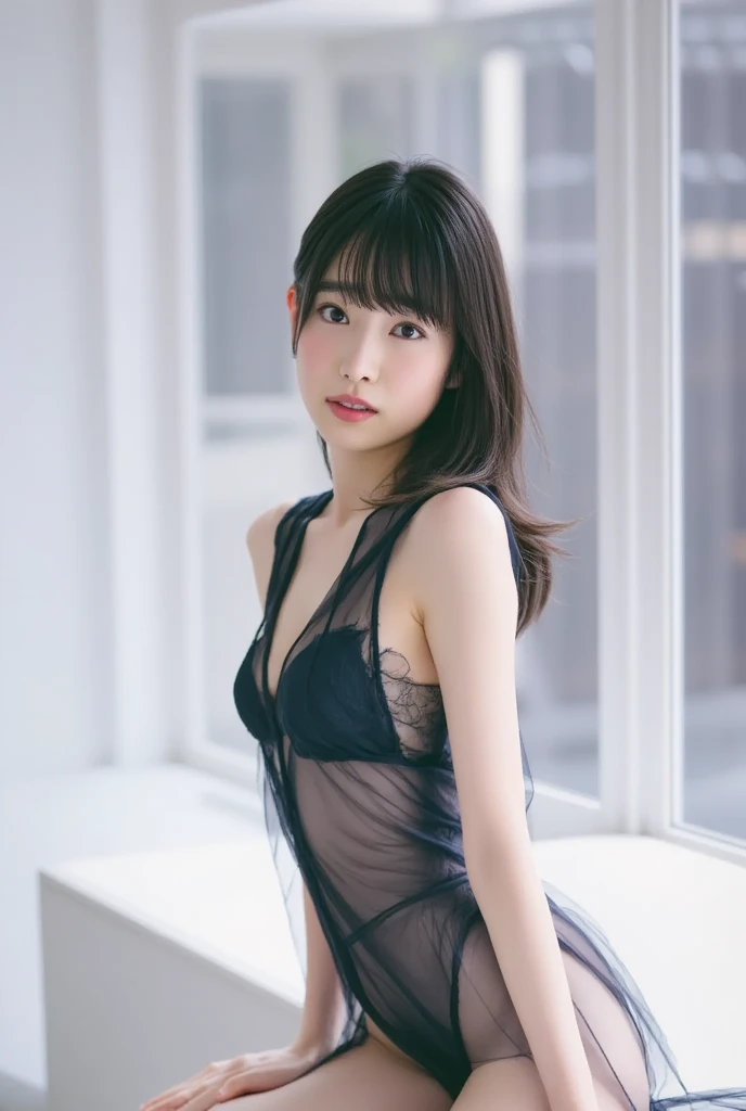 best quality, ultra high res, (photorealistic:1.4), 1girl, off-shoulder white shirt, black tight skirt, black choker, (faded ash gray hair:1), looking at viewer, Cleavage、tits