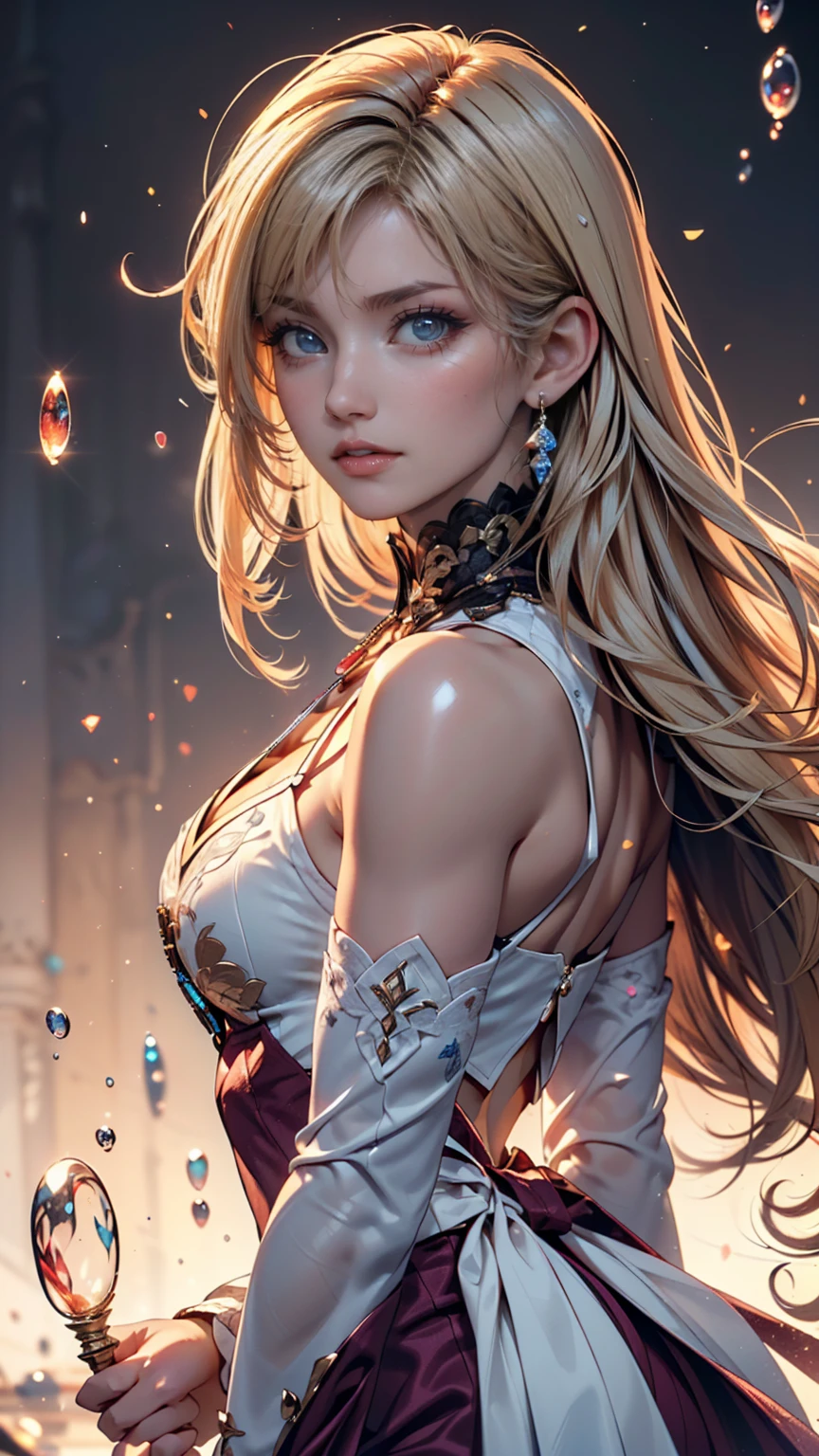 masterpiece, Ultra-high-definition CG, Highest quality, Perfect photo, alone, Lydia Sobieska (Iron fist, Blonde hair in a high ponytail, blue eyes, Red Hair Bow, strong), Wearing a sexy karate uniform, Sit on the bed, Turn to the side, blush, Show your shoulders, In a European mansion
