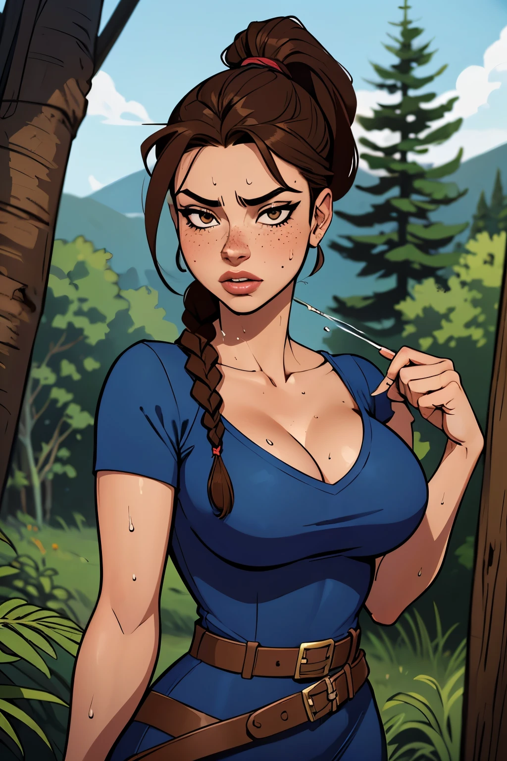Lara Croft avec une très grosse poitrine téton moulés, avec des lunette, en potion 4 pattes dans un style dark horse comics
