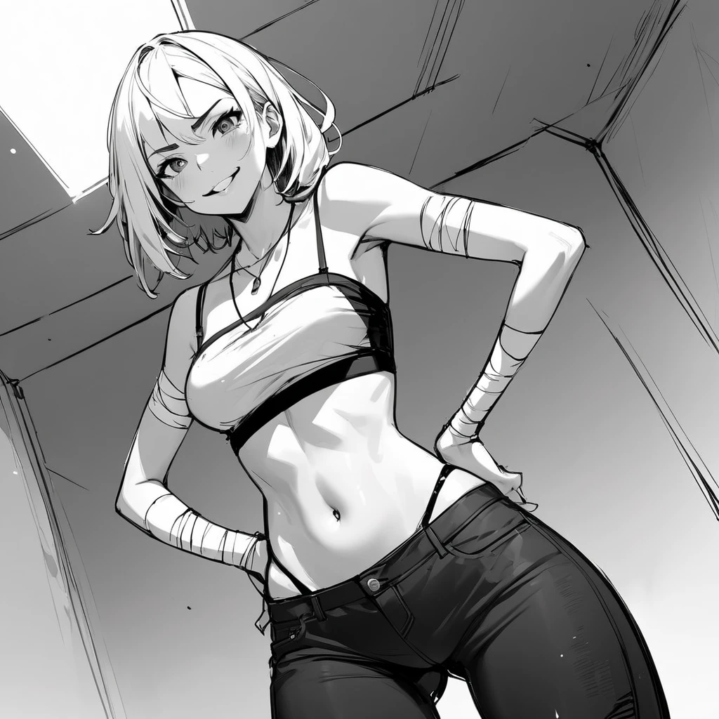 manga style art, black and white color ing, masterpiece, highres, solo, 8k, detailed, perfect face, (ultra high quality), looking viewers, small breast, navel, stomach, belly, denim short, mini short, crop tanktop, armpit, sideboobs