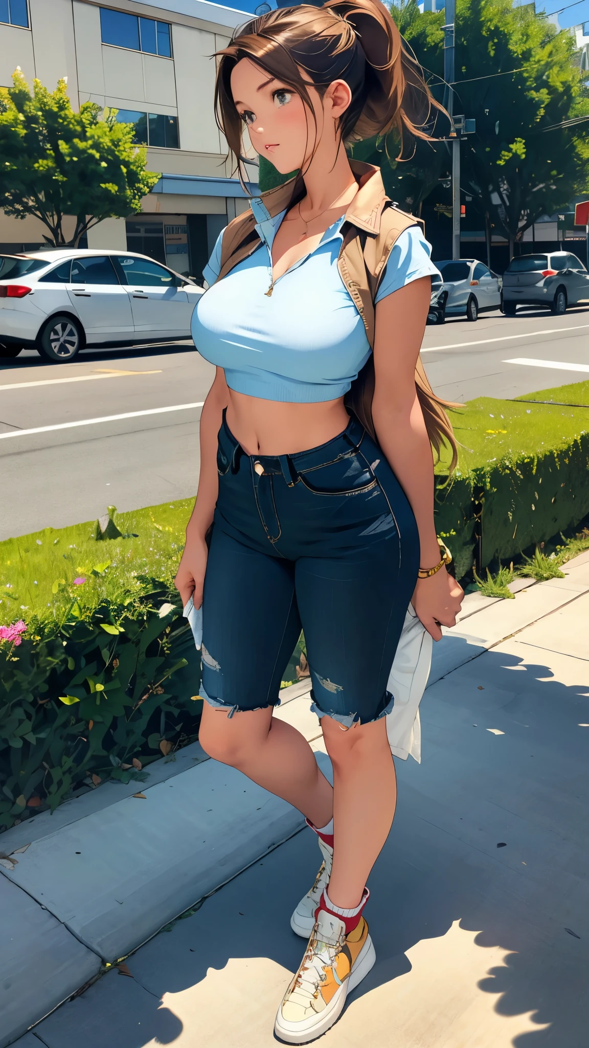 Model, blue hair, thick hair, clean face, green eyes, big boobs, wearing black t shirt and jeans , flip flops in feet, smiling, at the beach