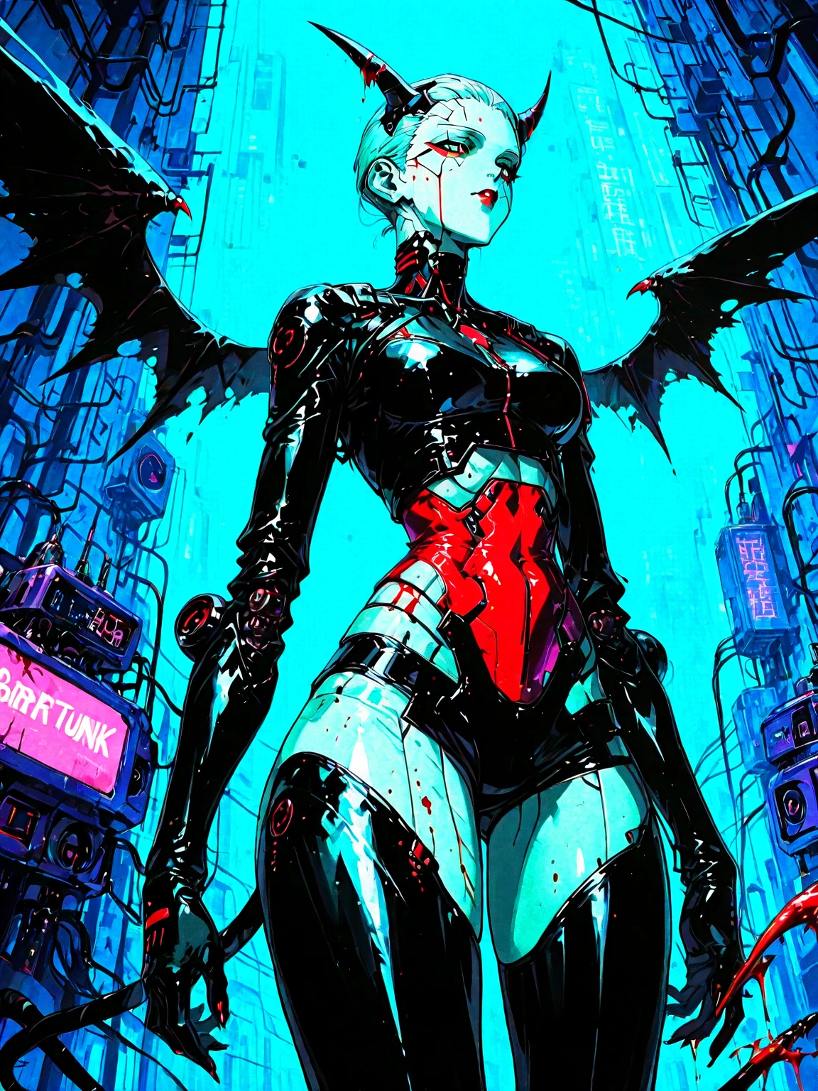 negative space, black background, (masterpiece, best_quality, ultra-detailed, immaculate:1.3), epic, illustration, 1girl, (cyberpunk Mallgoth:1.3) cute succubus, wings, full body, [:skimpy, intricate costume design,:0.2], official art, light caucasian skin, dramatic glowing blue-grey lighting, in rusted Jupiter's atmosphere, bombshell hair, forest green hair with slate gray highlights, Invisible Braids, standing on one leg <lora:EnvyMetalMix01-Prime:0.9>, (perfect body, perfect legs), (comic style:1.35), centered, (dominant pose, dynamic pose),