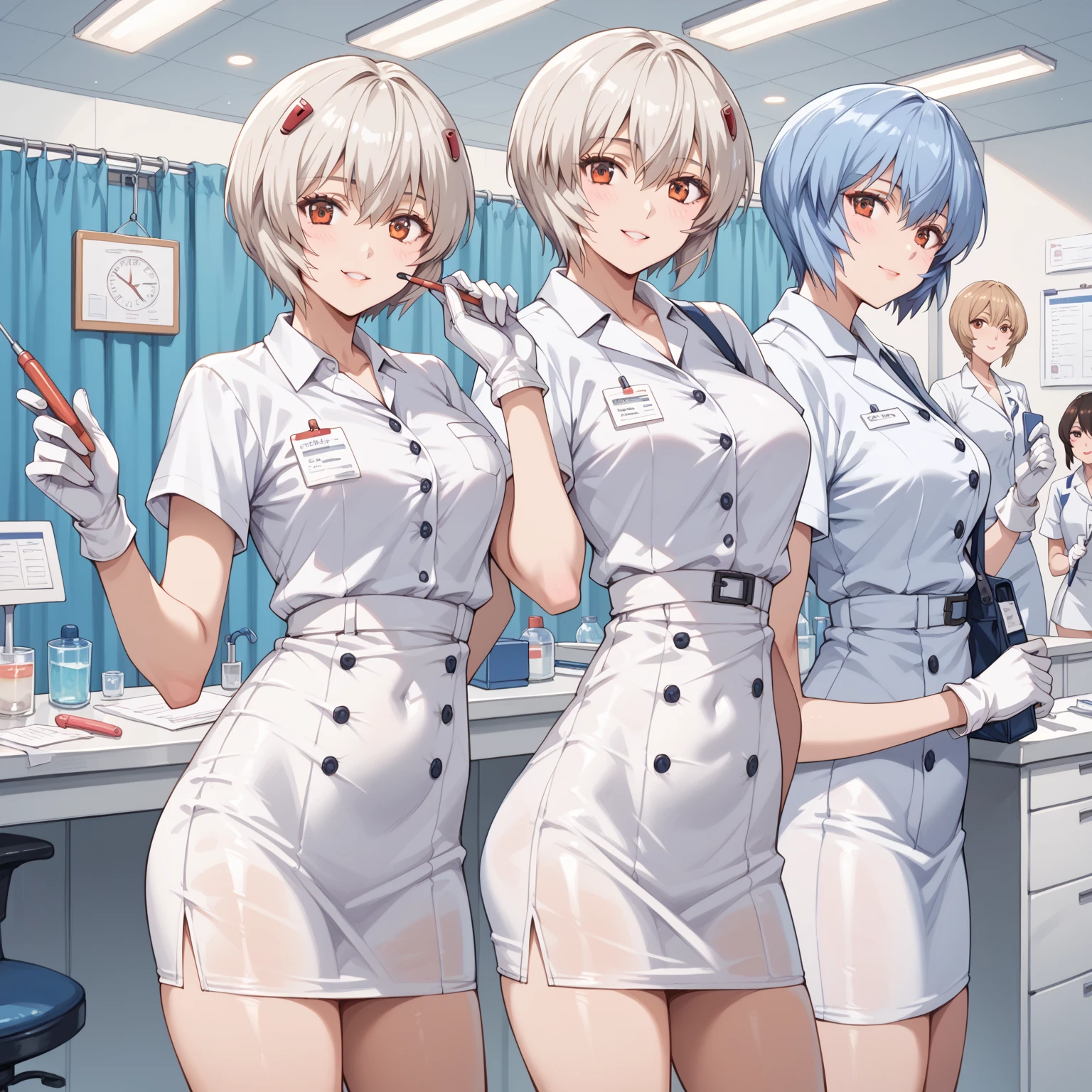 1 girl, alone, nurse, nurse cap, White nurse uniform, ((white legwear, zettai ryouiki)), white gloves, twin tails, yellow hair, purple eyes, anger, crossed arms, Are standing, ((hospital room)), sharp outline, short sleeve, highest quality, masterpiece