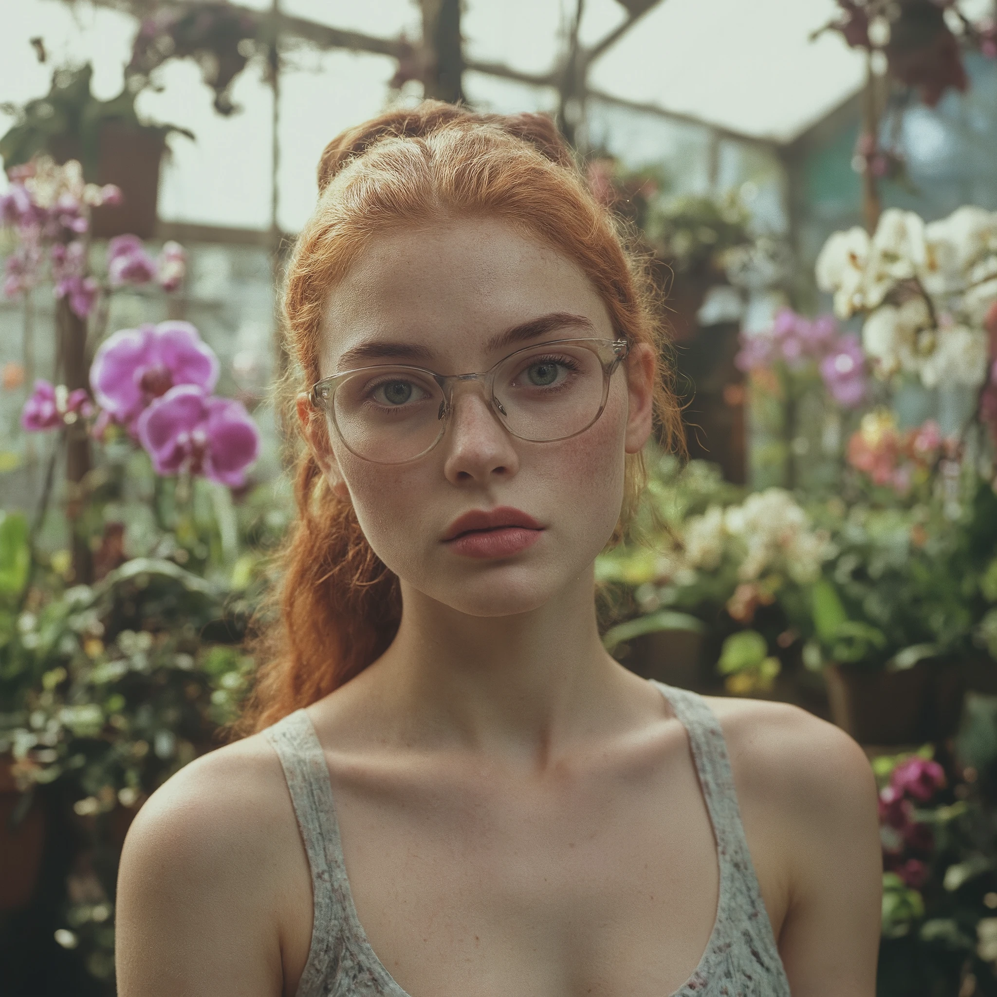 Professional photographic shot of a young 18-year-old woman with fair skin, fiery red hair tied in a sleek middle-parted ponytail. She wears round, thin-framed eyeglasses resting delicately on her nose. Her face is softly illuminated by natural sunlight filtering through the glass panes of an orchid greenhouse, with rays of light casting gentle highlights across her freckles and round cheeks. Her wide, green eyes are fixed on the viewer, with a slightly startled expression — a mix of curiosity and vulnerability. The background is a lush orquidário, brimming with vibrant orchids in shades of purple, pink, and white, artfully blurred to create a cinematic depth of field. The greenhouse structure, with its glass panels and delicate metal frames, reflects the soft glow of the sun. Subsurface light scattering on her skin adds a lifelike touch, while the backlighting enhances the contours of her face and the delicate wisps of hair escaping her ponytail. The atmosphere is serene, yet intense, with a captivating balance of natural beauty and human emotion.