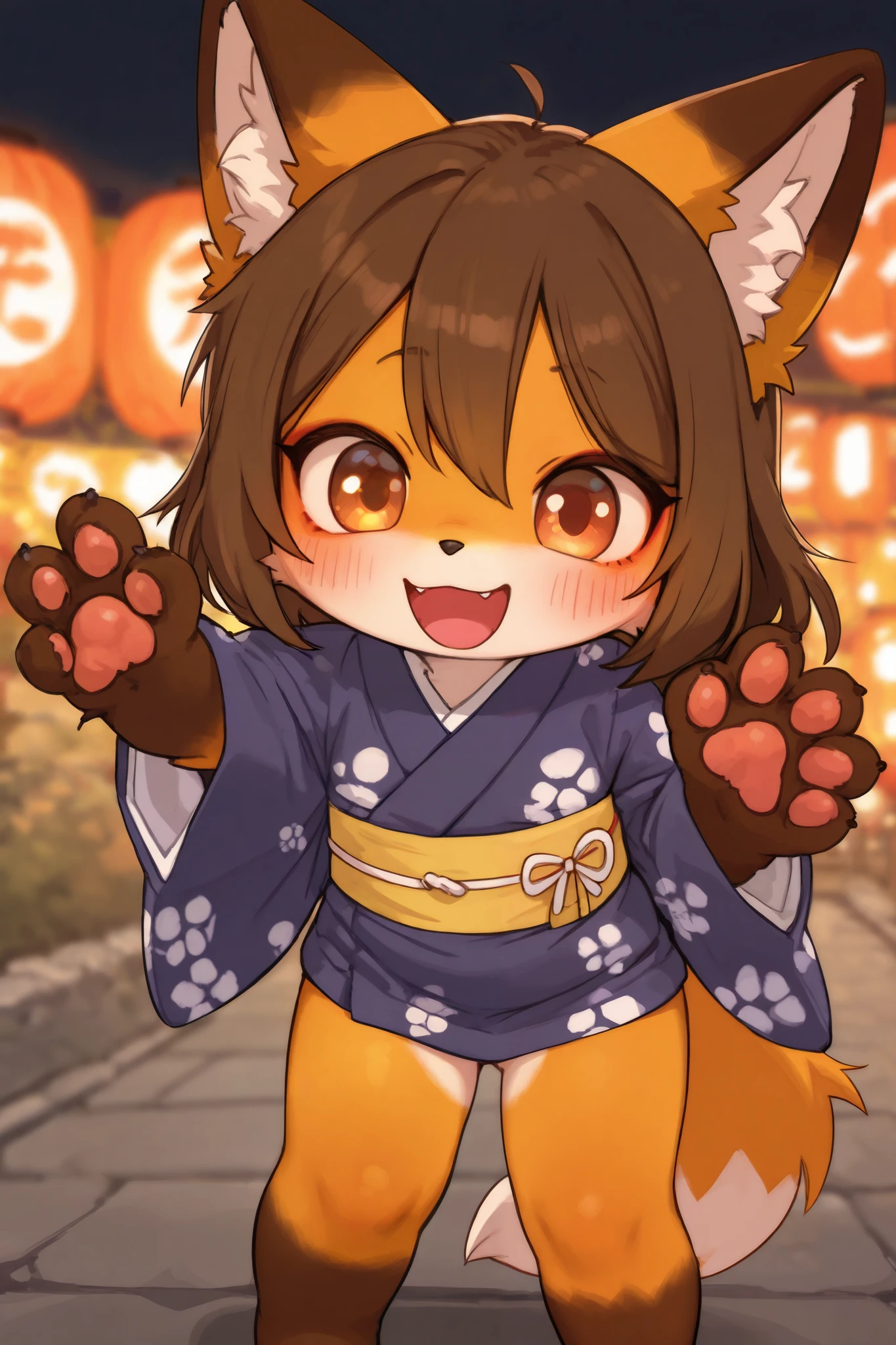 dynamic angle , several hairy furry cat cub boy , Short stature , realistic hairy fur , Round face, round eyes , neat hair ties , Japanese festival Clothing, in the Inari Shrine ,cub boys, looking at viewer, fundoshi matsuri, festival at shrine, night festival, matsuri, tamachira, many fundoshi boys, tongue out, sweat drops, hot, passionate,