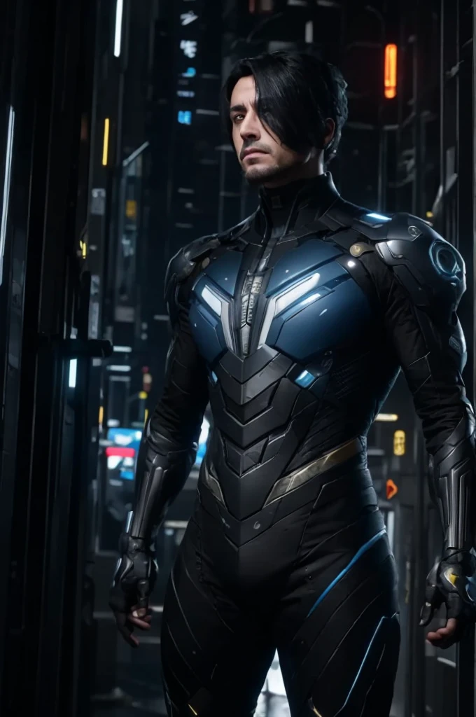 How to make a handsome man in his 20s The world in 2100、Cyberpunk room background、Dressed in a cyberpunk robot suit、Blue Eyes,Black short hair、Shave cleanly,Attractive and serious look, Half Asian and half European, Stylish and elegant,Strong body((Highest quality, 8k, masterpiece), Ultra HD Photos, (Beautiful face details, Skin texture details, Ultra-detailed body:1.1)、Looking at us from the front